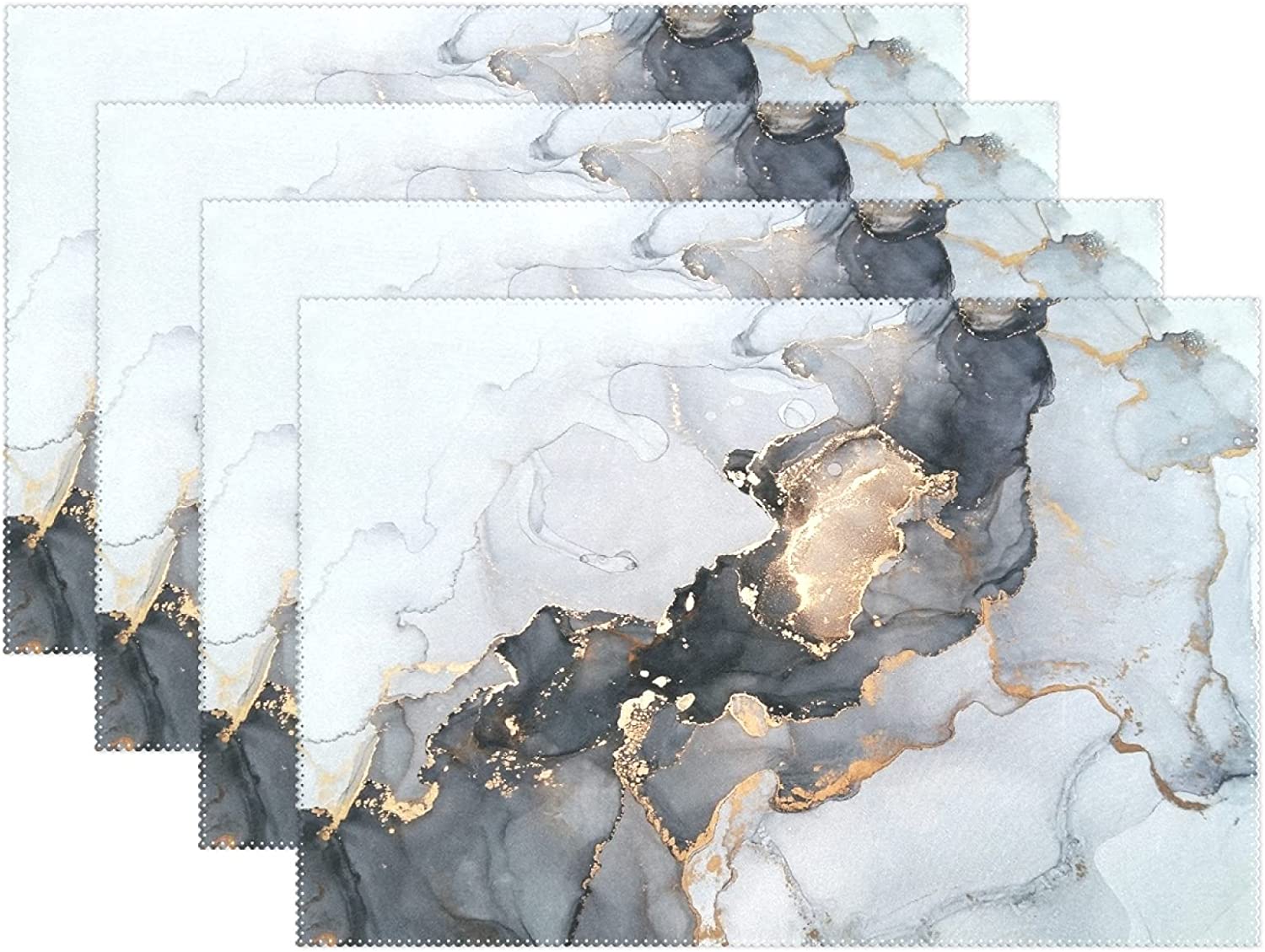 Dalzium Luxury Ombre Marble Placemats Set of 4, Abstract Gold and Gray Marble Place Mats for Dining Table Indoor Heat Resistant Waterproof Durable Washable, Bluish Grey and Gold