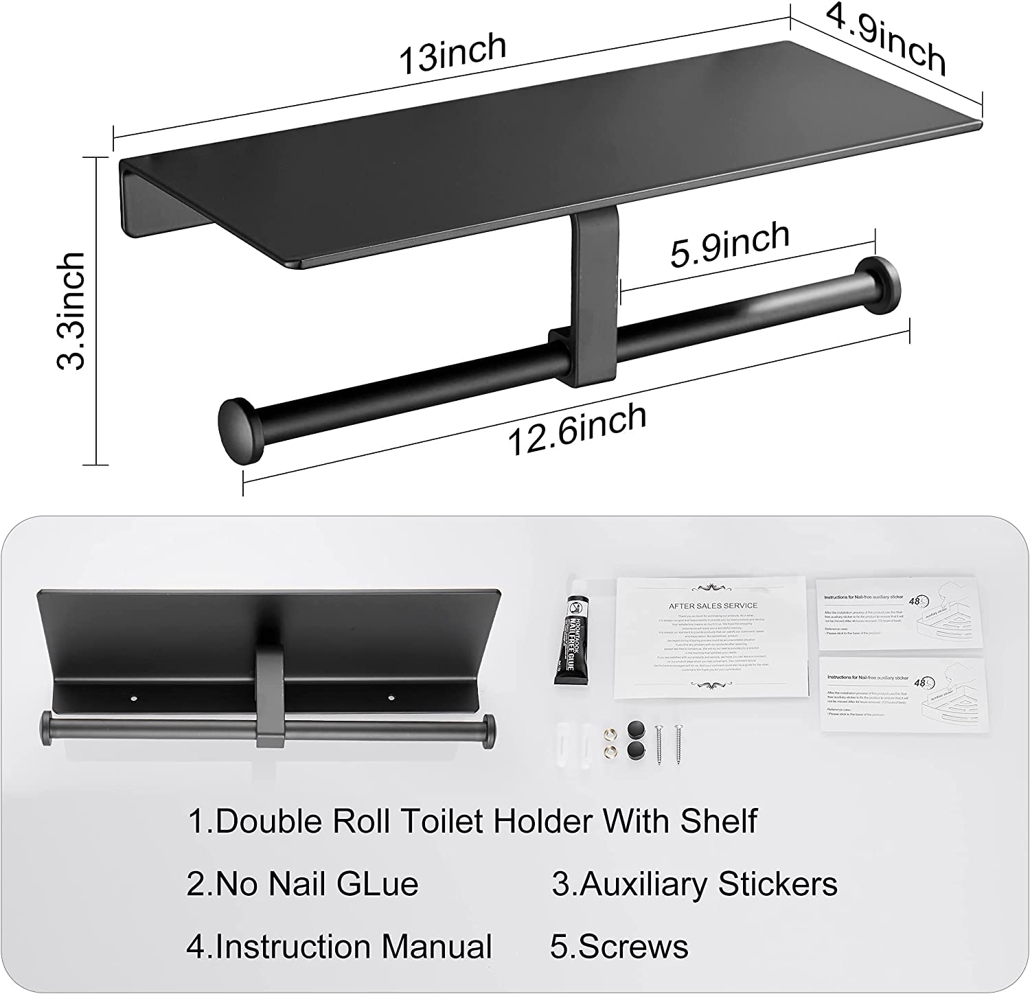 DUFU Toilet Paper Holder with Shelf,Anti-Rust Aluminum Double Roll Toilet Paper Holder with Mobile Phone Shelf for Bathroom,Self-Adhesive No Drill or Wall-Mounted with Screws for Bathroom (Matt Black)
