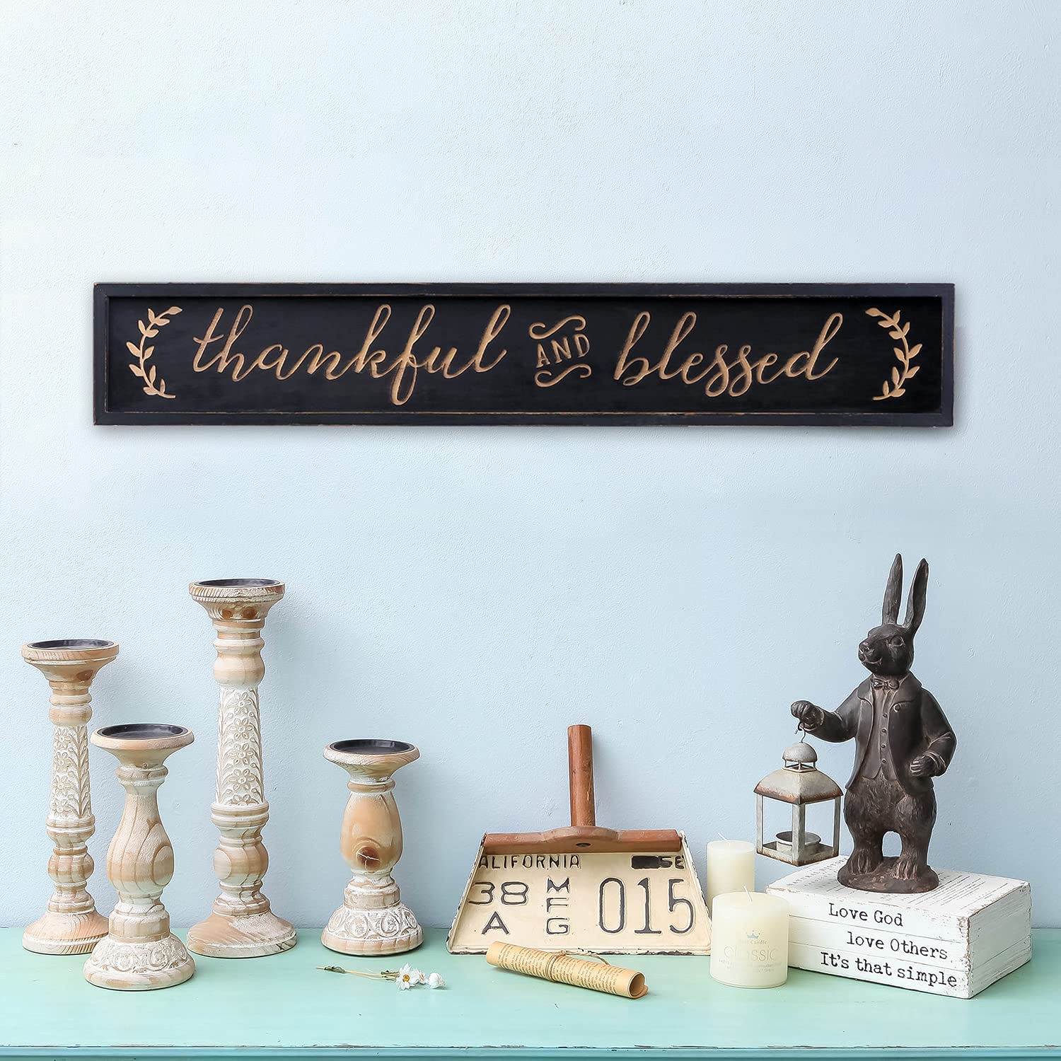 NIKKY HOME Thankful and Blessed Carved Wood Framed Wall Plaque Sign with Inspirational Quote, 36