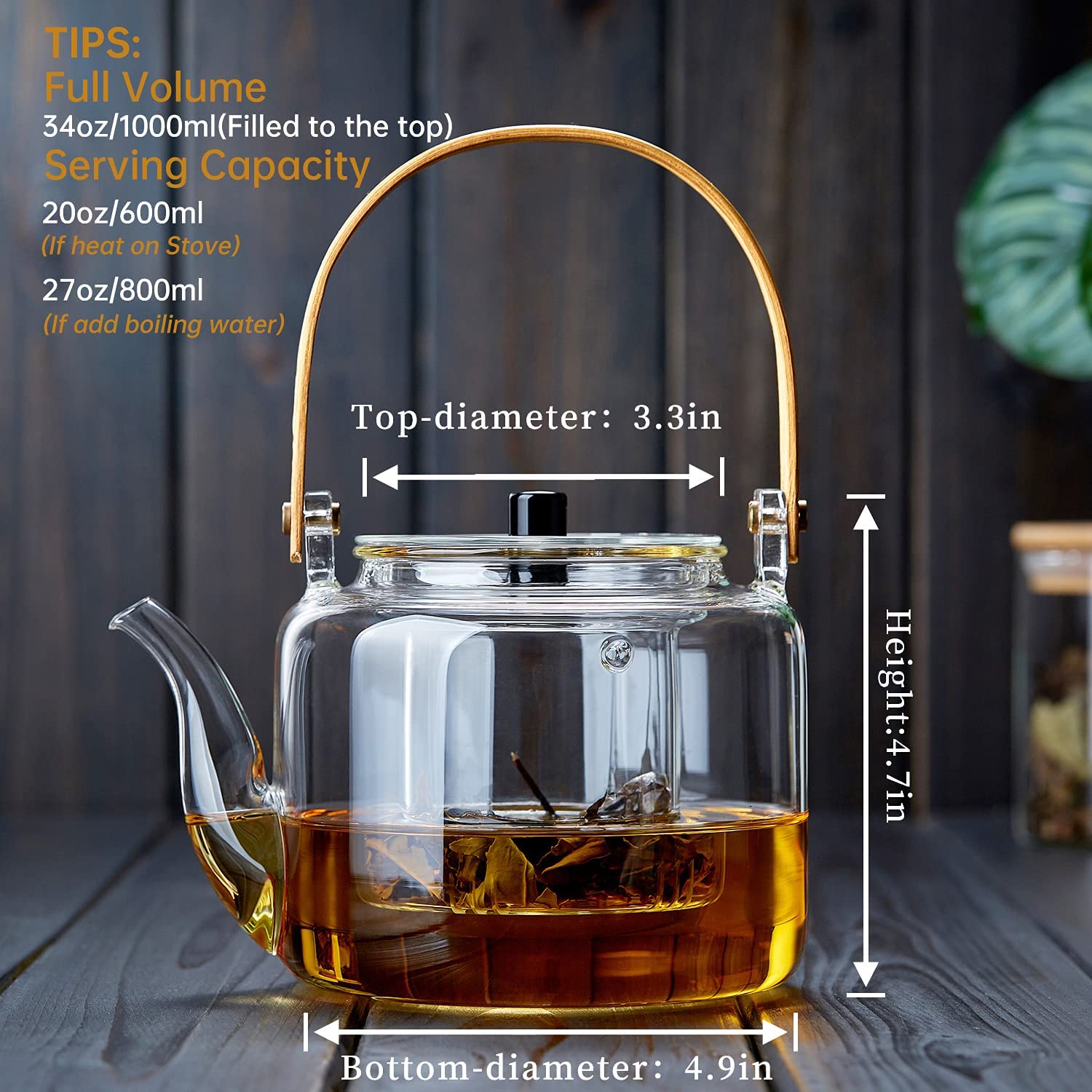 Glass Teapot,1000ml/34oz Borosilicate Glass Teapot with Removable Infuser, Stovetop Safe Tea Kettle,Blooming and Loose Leaf Tea Maker