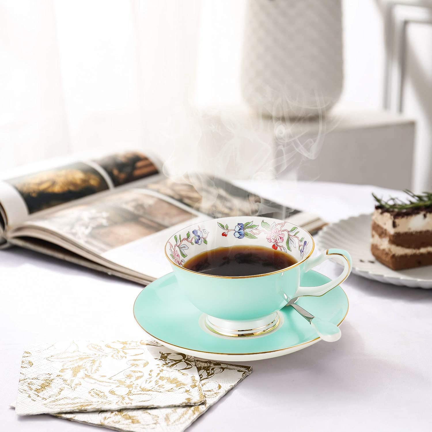 3 Piece Bone China Cup and Saucer Set with Spoon Vintage Porcelain Coffee Cup Set, Floral Tea Cup Set with Gold Trim and Gift Box, 7.1oz.