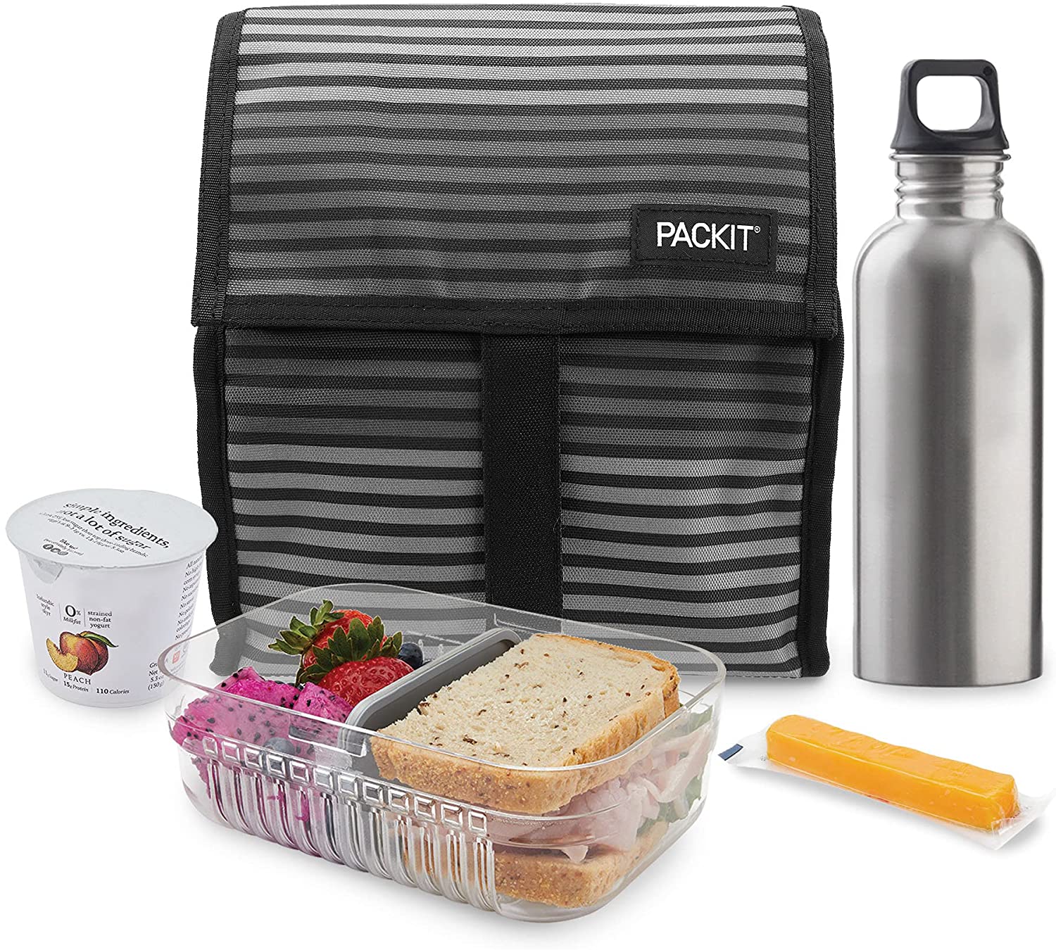 PackIt Freezable Lunch Bag with Zip Closure, Gray Stripe