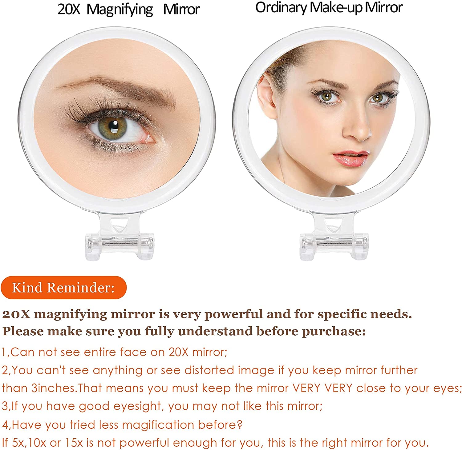 20X Magnifying Mirror, 6 Inch, Two Sided Hand Mirror, 20X/1X Magnification, Folding Makeup Mirror with Handheld/Stand, Use for Makeup Application, Tweezing, and Blackhead/Blemish Removal.
