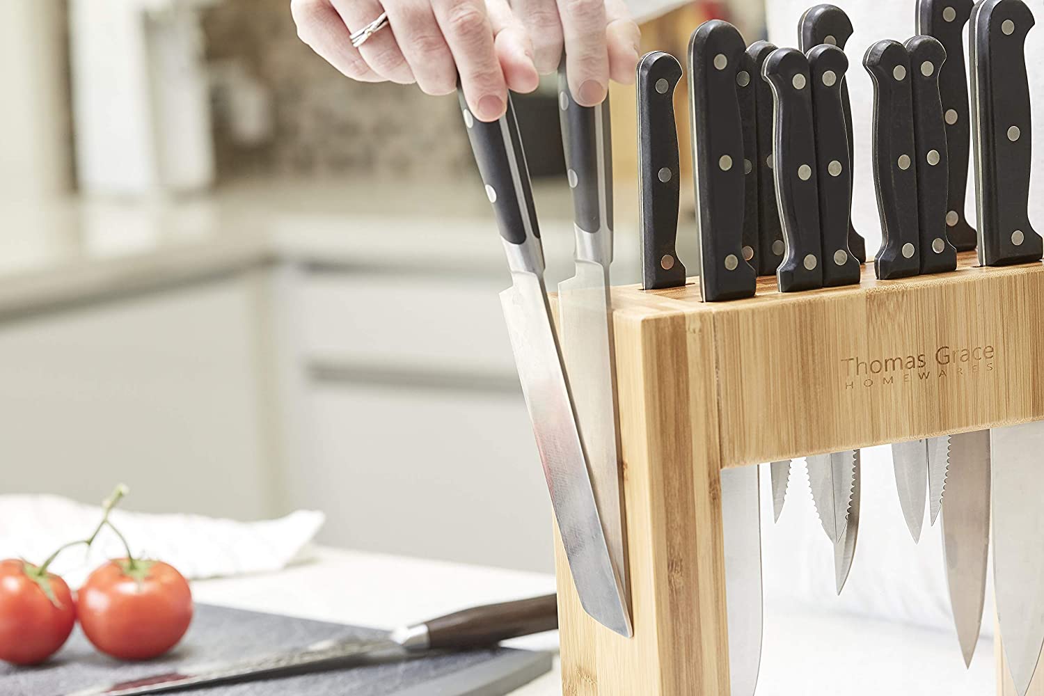 11 Slot Bamboo Knife Block w/ Magnetic Sides - Thomas Grace Homewares Kitchen Universal Knife Holder Organizer (KNIFE BLOCK WITHOUT KNIVES). Magnetic Knife Block Strip Boosts Storage to 15 Knives