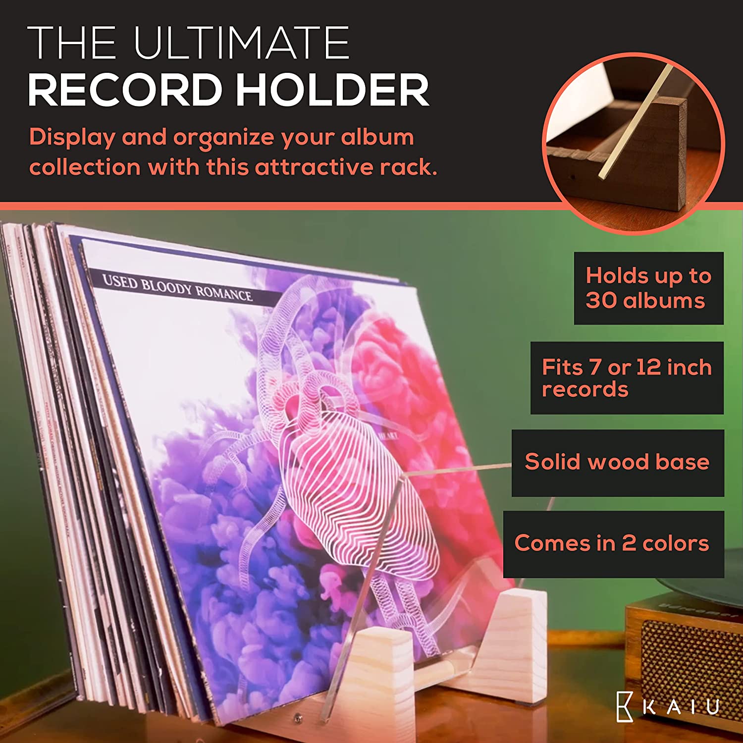 KAIU Vinyl Record Storage Holder - Stacks up to 30 Albums, 7 or 12 inch - Solid Wood Stand with Clear Acrylic Ends - Display Your Singles and LPs in This Modern Portable Rack Unit