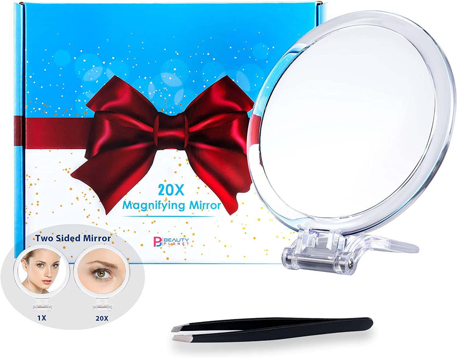 20X Magnifying Mirror, 6 Inch, Two Sided Hand Mirror, 20X/1X Magnification, Folding Makeup Mirror with Handheld/Stand, Use for Makeup Application, Tweezing, and Blackhead/Blemish Removal.