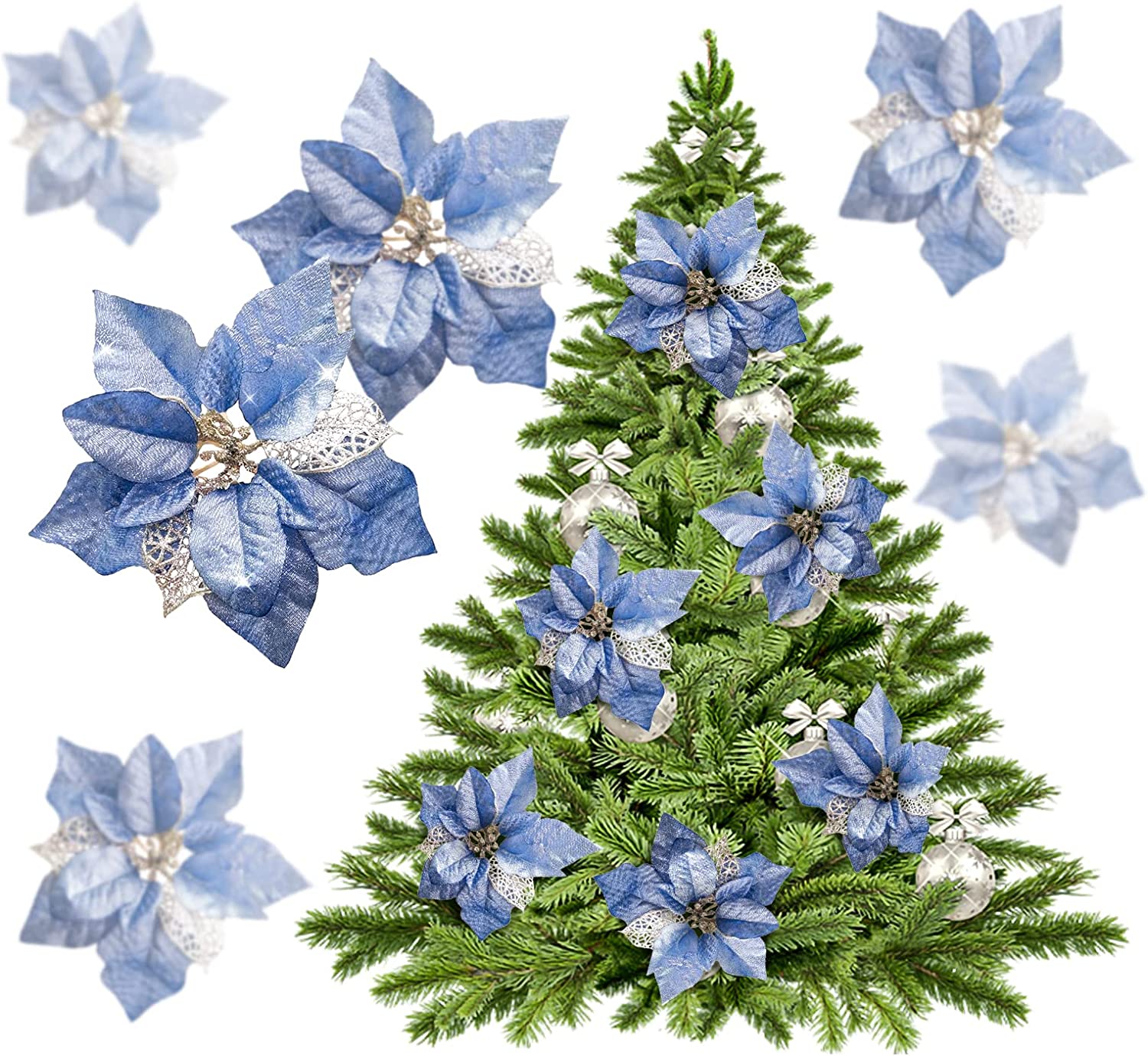 Crazy Night 12pcs 8.7inch Blue Glitter Poinsettia Artificial Flowers ,Christmas Tree Decorations,Wedding Xmas New Year Wreath Ornaments