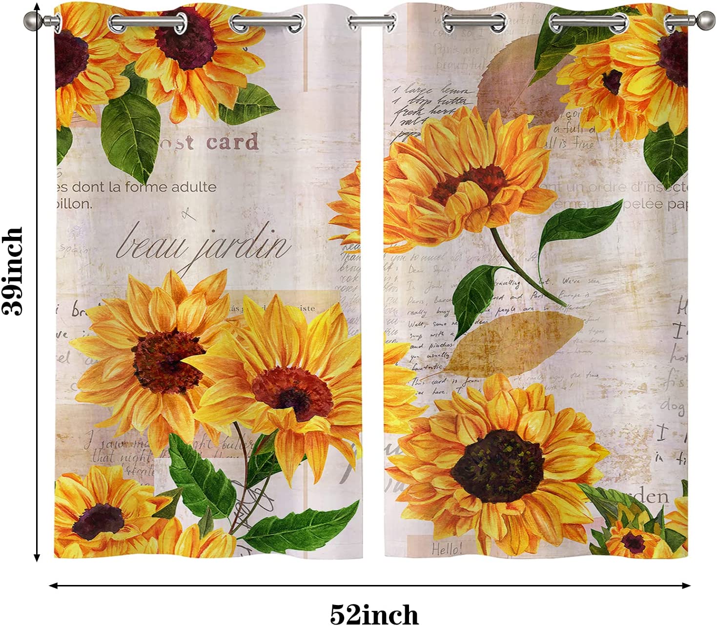 YUMOING Hand Drawn Vibrant Yellow Watercolor Sunflowers Kitchen Curtains Window Curtain Tiers for Caf?, Bath, Laundry, Living Room Bedroom 26 X 39 Inch 2 Pieces