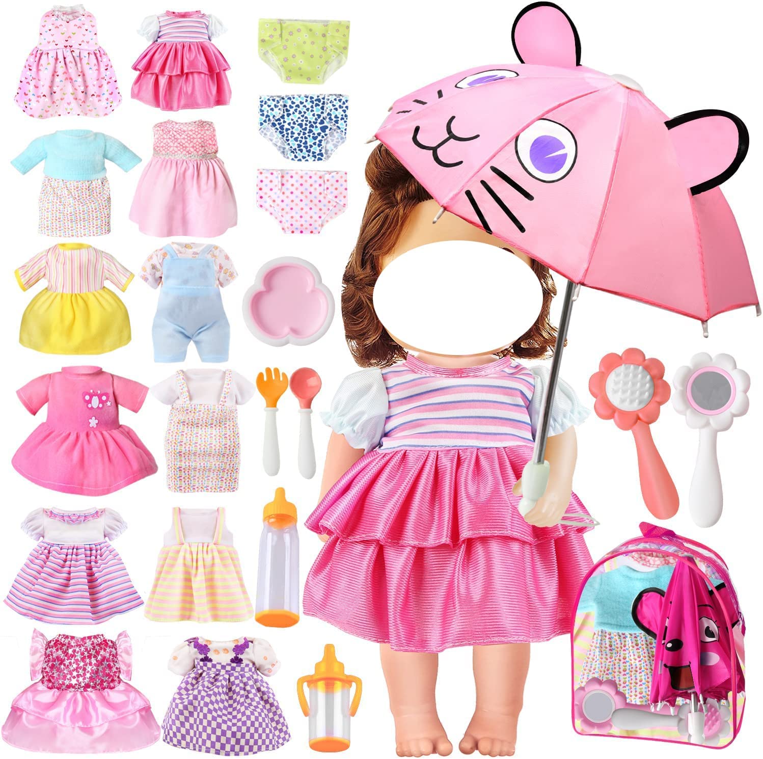 lausomile 25 Pack Alive Baby Doll Clothes Accessories Girl Gift - 12 PCS Dress Fit for 12 13 14 15 inch Doll Girl Clothes & Baby Bitty Doll, with Underwear Diapers Umbrella Milk Bottle Backpack