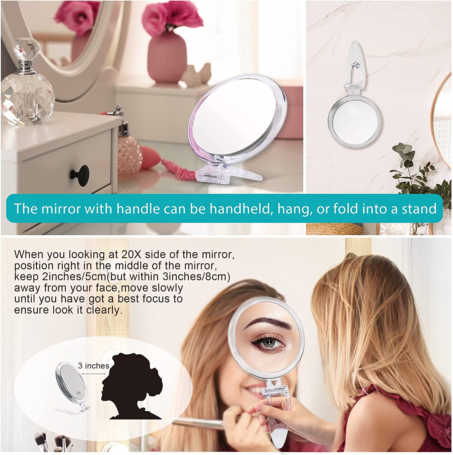 20X Magnifying Mirror, 6 Inch, Two Sided Hand Mirror, 20X/1X Magnification, Folding Makeup Mirror with Handheld/Stand, Use for Makeup Application, Tweezing, and Blackhead/Blemish Removal.