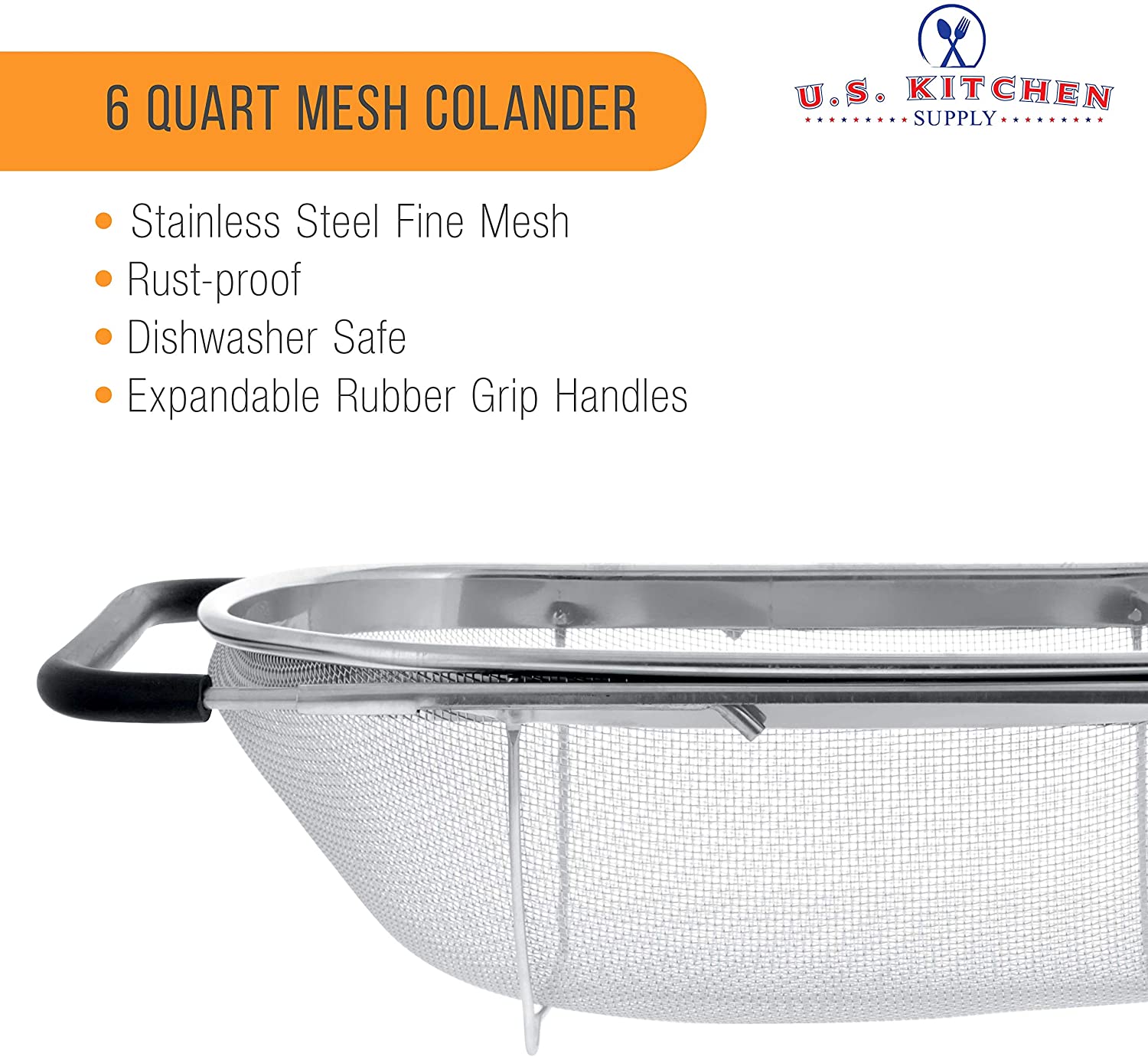 U.S. Kitchen Supply - Premium Quality Over The Sink Stainless Steel Oval Colander with Fine Mesh 6 Quart Strainer Basket & Expandable Rubber Grip Handles - Strain, Drain, Rinse Fruits, Vegetables