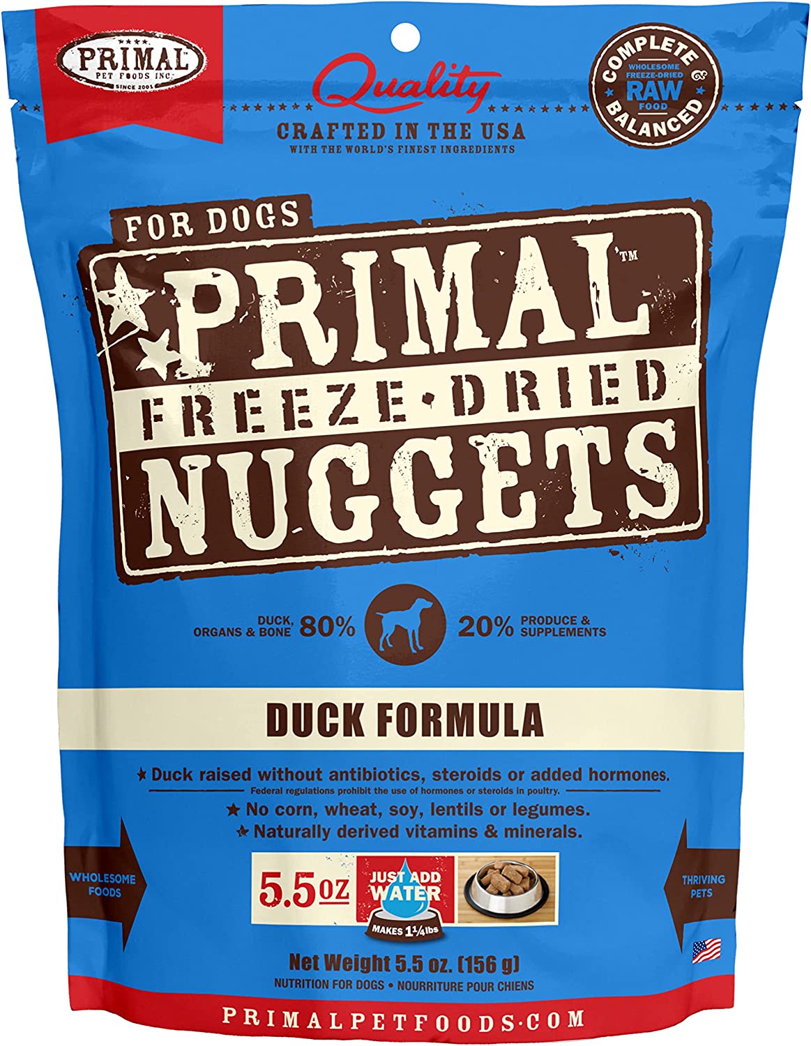 Primal Freeze Dried Dog Food Nuggets Duck Formula, Crafted in The USA Grain Free Raw Dog Food, 5.5 oz