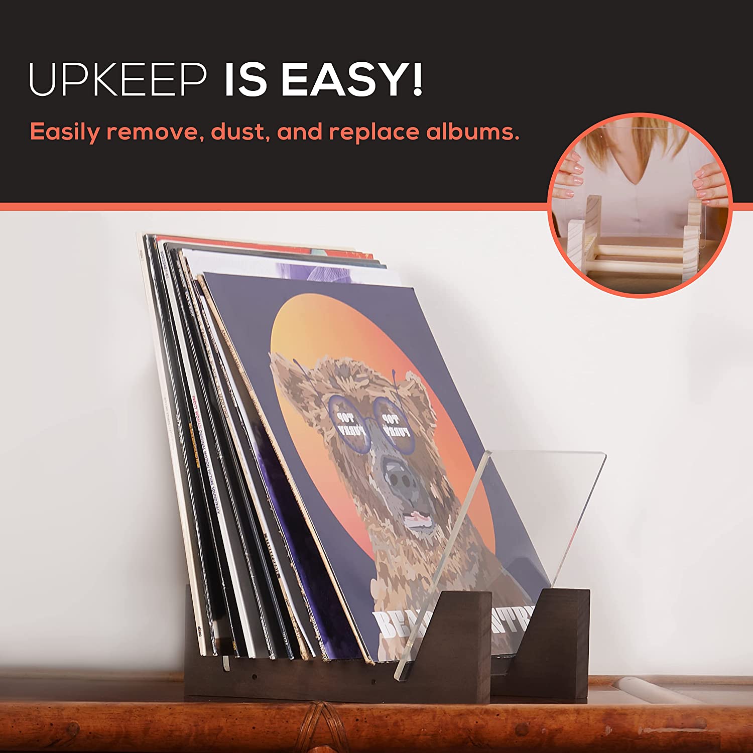 KAIU Vinyl Record Storage Holder - Stacks up to 30 Albums, 7 or 12 inch - Solid Wood Stand with Clear Acrylic Ends - Display Your Singles and LPs in This Modern Portable Rack Unit