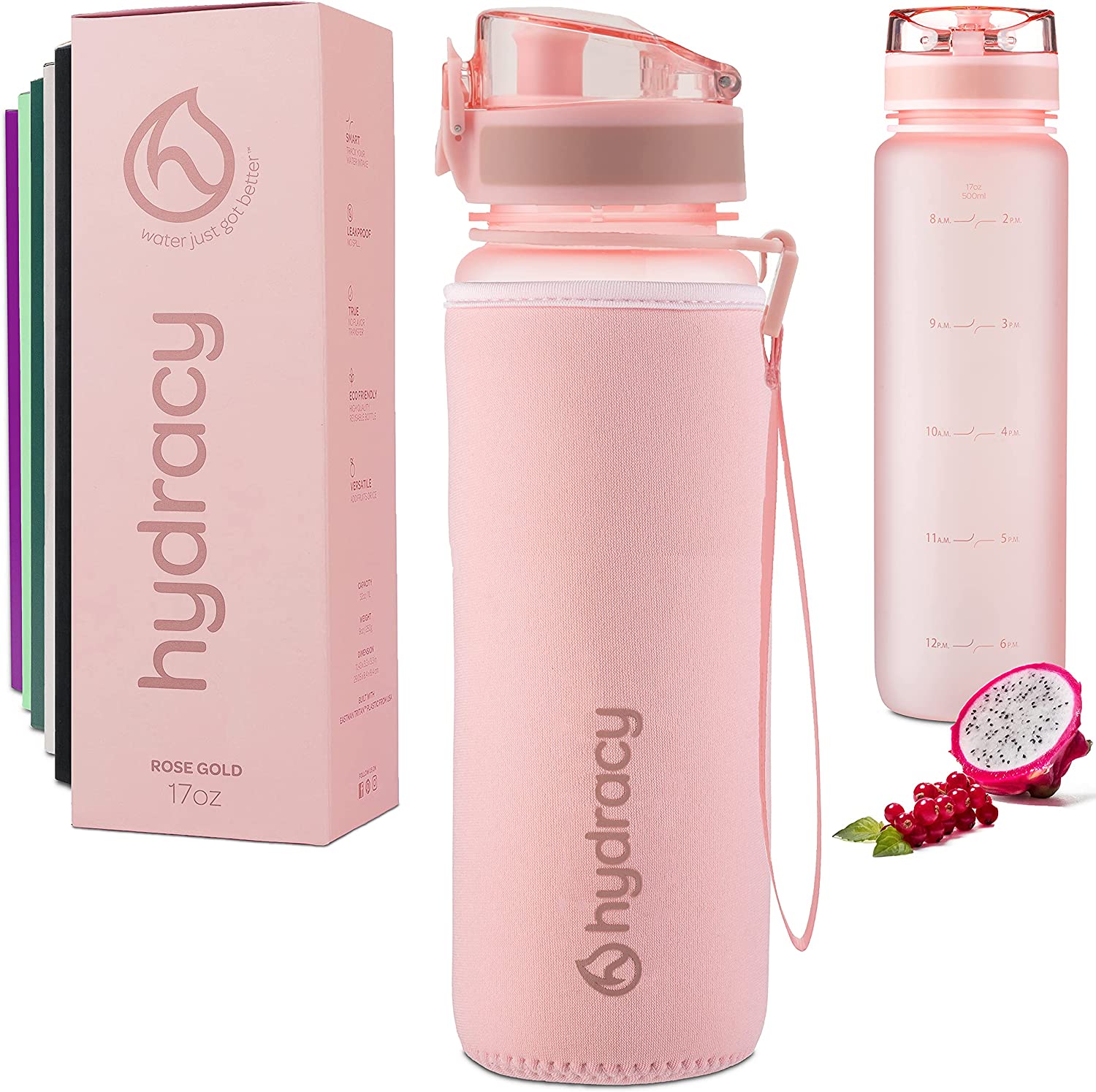 Hydracy Water Bottle with Time Marker - 500 ml 17 Oz BPA Free Water Bottle - Leak Proof & No Sweat Gym Bottle with Fruit Infuser Strainer - Ideal Gift for Fitness or Sports & Outdoors - Rose Gold