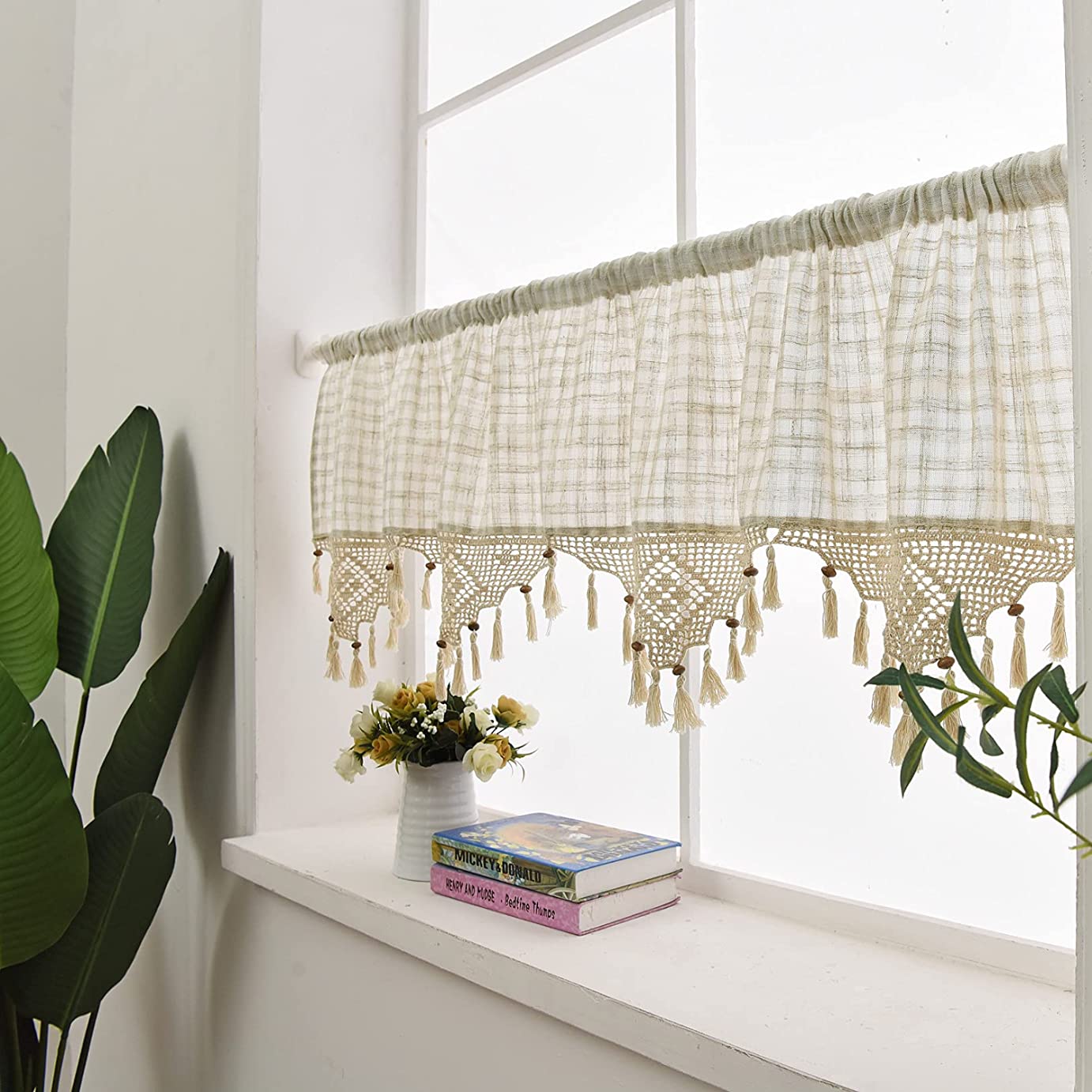 ZHH Retro Lattice Window Valance Handmade Crochet with Tassel Cafe Curtain for Window Bedroom Livingroom Dorm Decor, Beige (H 15 inch W 60 inch)