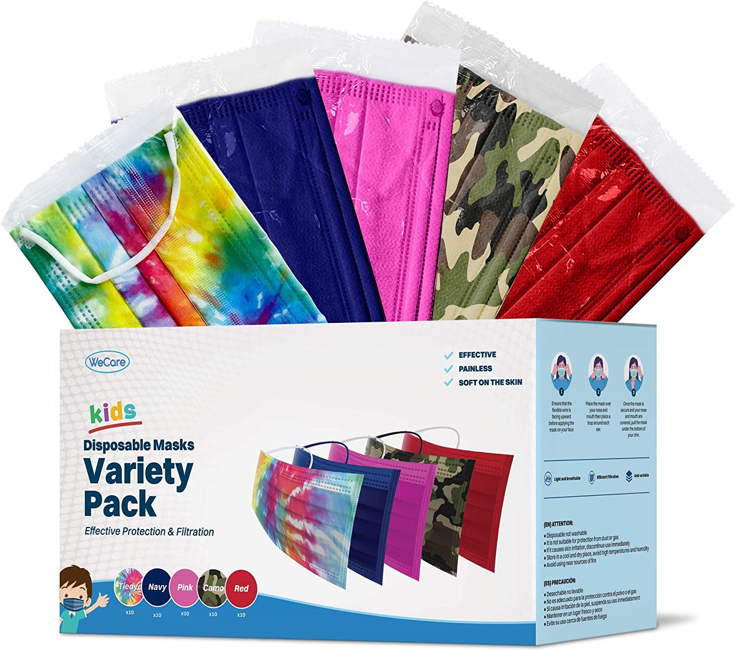 WeCare Kids Disposable Face Masks, 50 Pack Variety Colors, Individually Wrapped