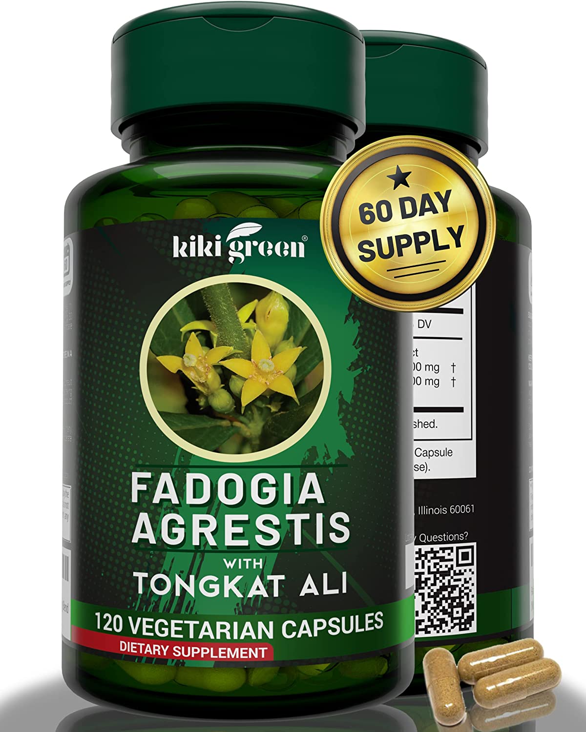 KIKI Green Fadogia Agrestis Extract with Tongkat ali for Men 1000mg Per Serving, 120 Capsules, Third Party Tested, Ultra Strength, Support Energy and Endurance, Gluten Free, Non-GMO, Vegan Capsules