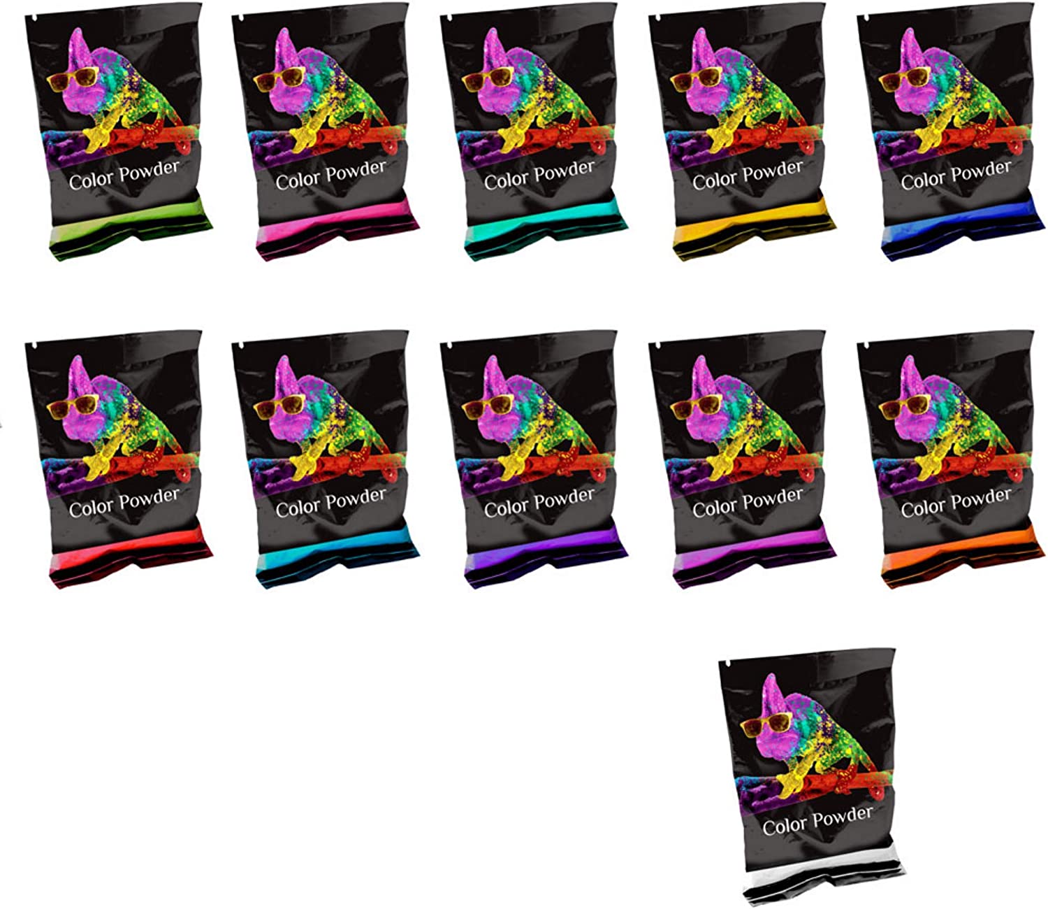 Color Powder 70 Gram Individual Packets by Chameleon Colors, 10 Pack Plus Bonus White, Perfect for 3-5 People, Red, Yellow, Blue, Orange, Purple, Pink, Navy, Magenta, Aquamarine, and Green Powder