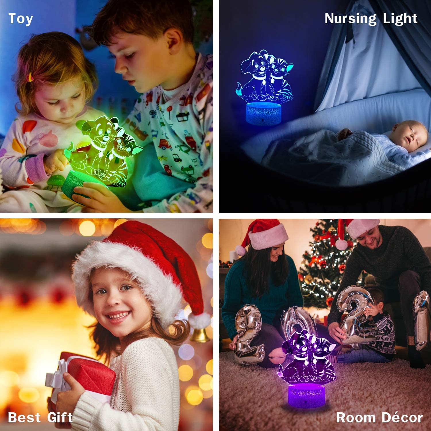 Menzee 3D Night Lights for Boys Girls 16 Colors + 7 Colors Changing, 3D LED Lamps with Touch & Remote Control, The Best Birthday Show You Vivid 3D Illusion Cat and Dog Figure