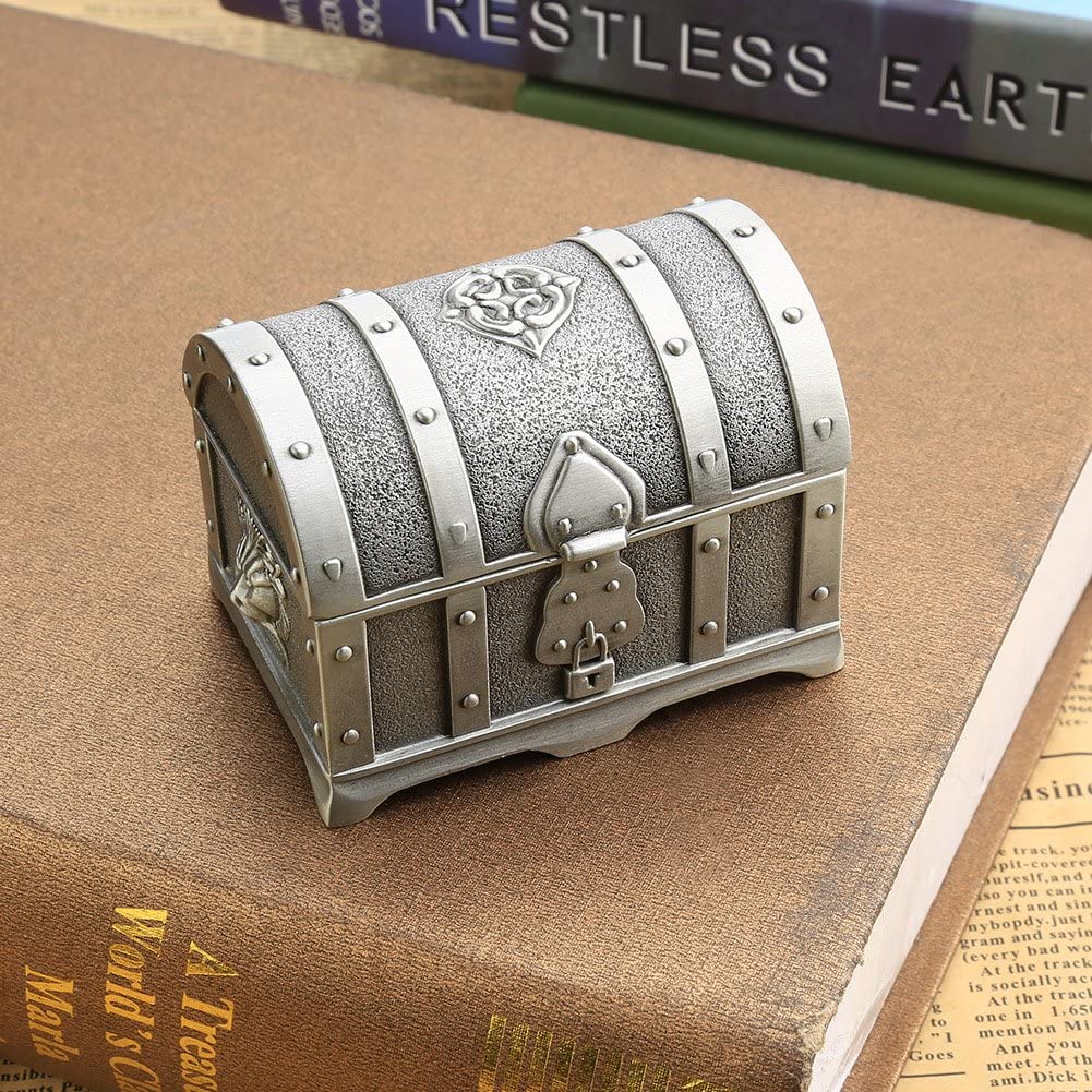 Rectangle Metal Treasure Chest Antique Silver Trinket Jewelry Box Gift Box for Girls Ladies Women