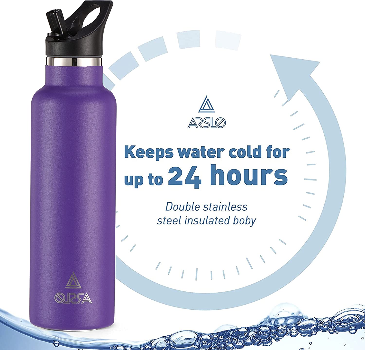 Arslo Stainless Steel Double Wall Water Bottle, Vacuum Insulated Bottle With Straw Lid, Insulated Water Bottle Keeps Water Cold for 24 Hours, Hot for 12 Hours, Hiking, Sports