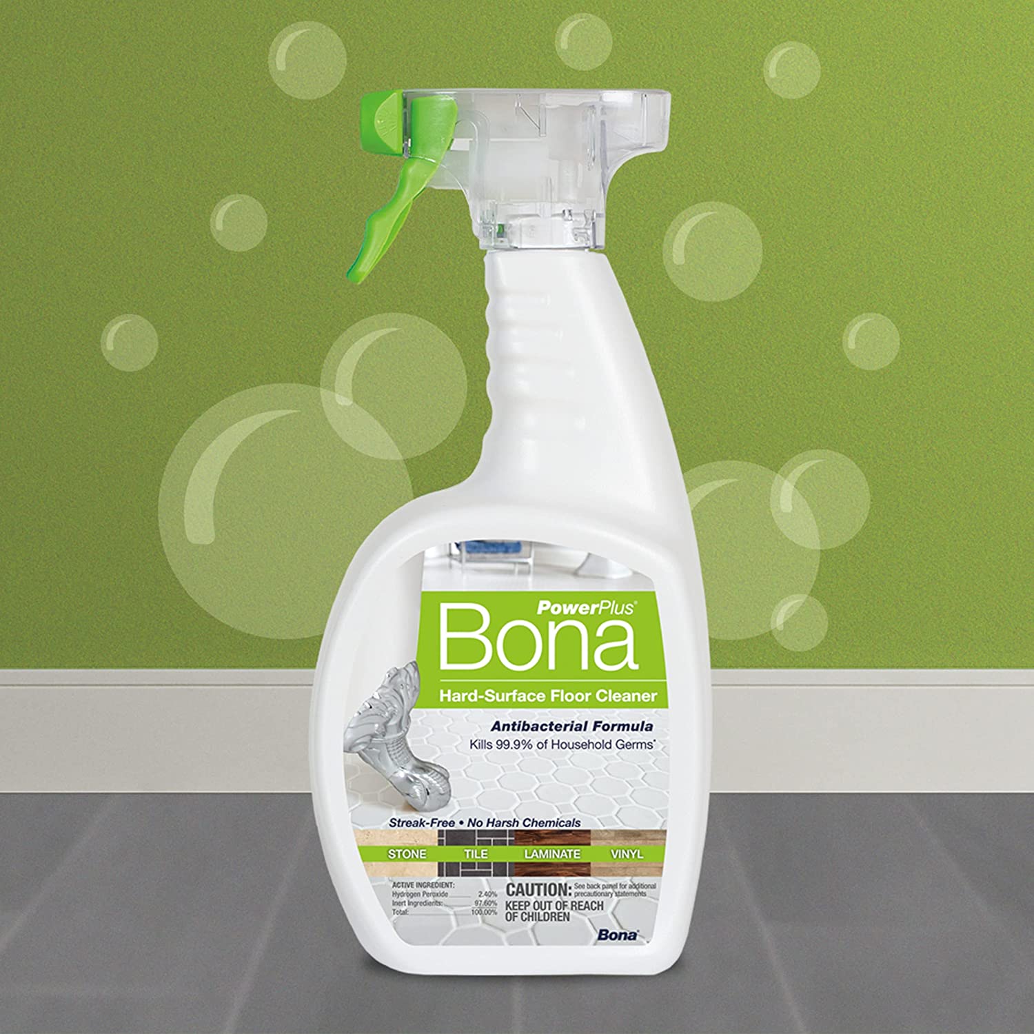 Bona PowerPlus Antibacterial Hard-Surface Floor Cleaner Spray, for Stone Tile Laminate and Vinyl LVT/LVP, 32 Fl Oz