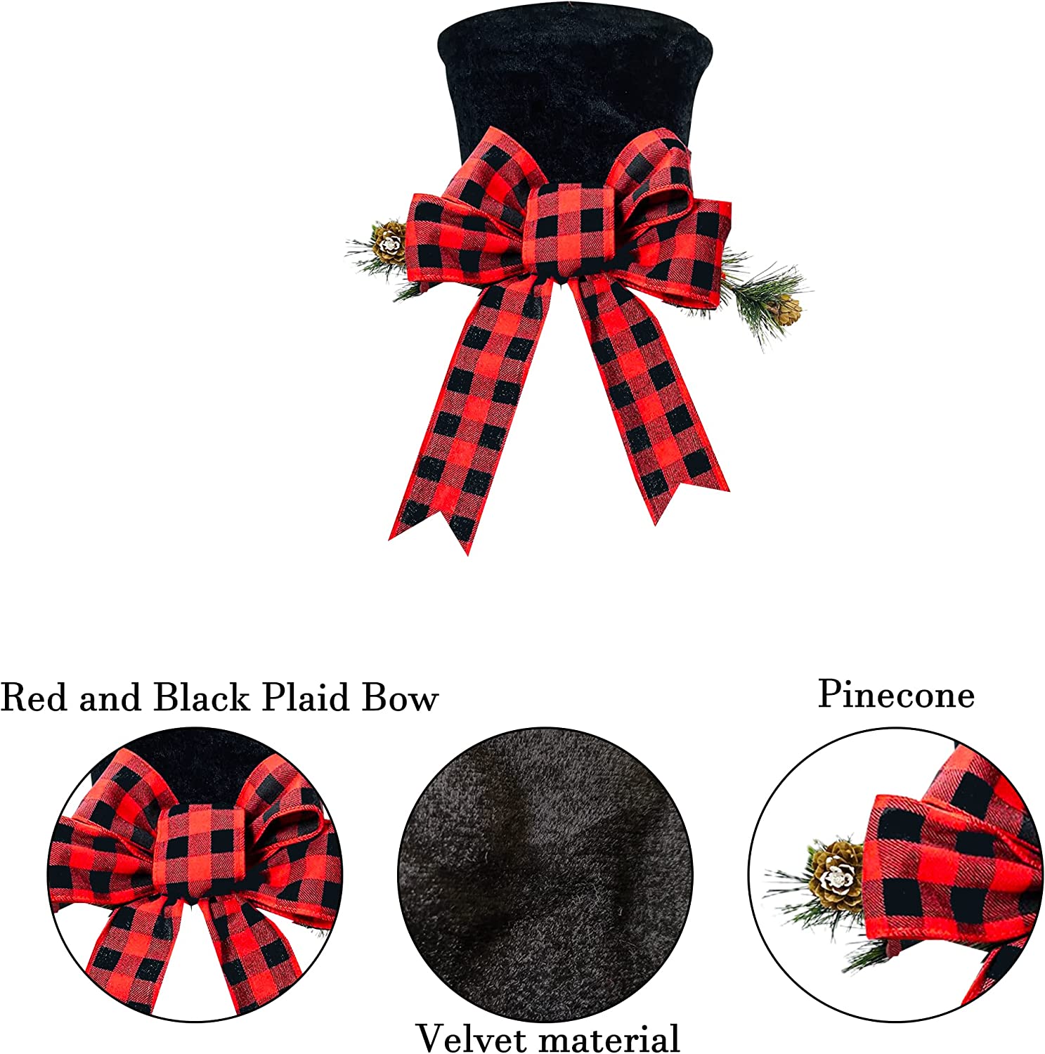 UMARDOO Christmas Tree Topper Hat, Red Plaid Bow Christmas Tree Topper, Black Velvet Hat for Christmas Tree Decorations Desktop Ornaments Party Decoration Supplies