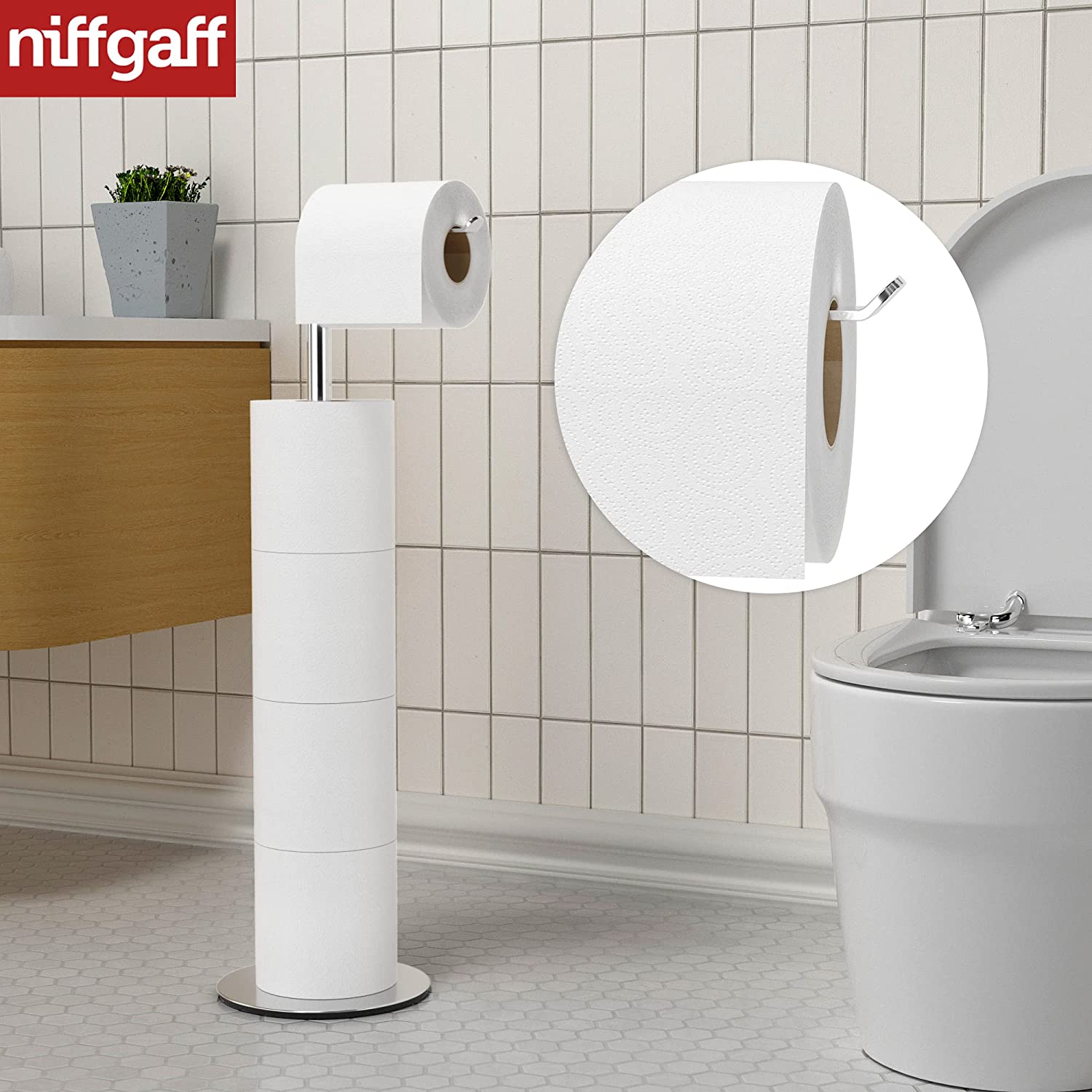 NIFFGAFF Toilet Paper Holder Stand and Dispenser for 4 Spare Rolls,Toilet Paper Storage,Stainless Steel Free-Standing Toilet Tissue Paper Roll Storage Shelf,Bathroom Accessories