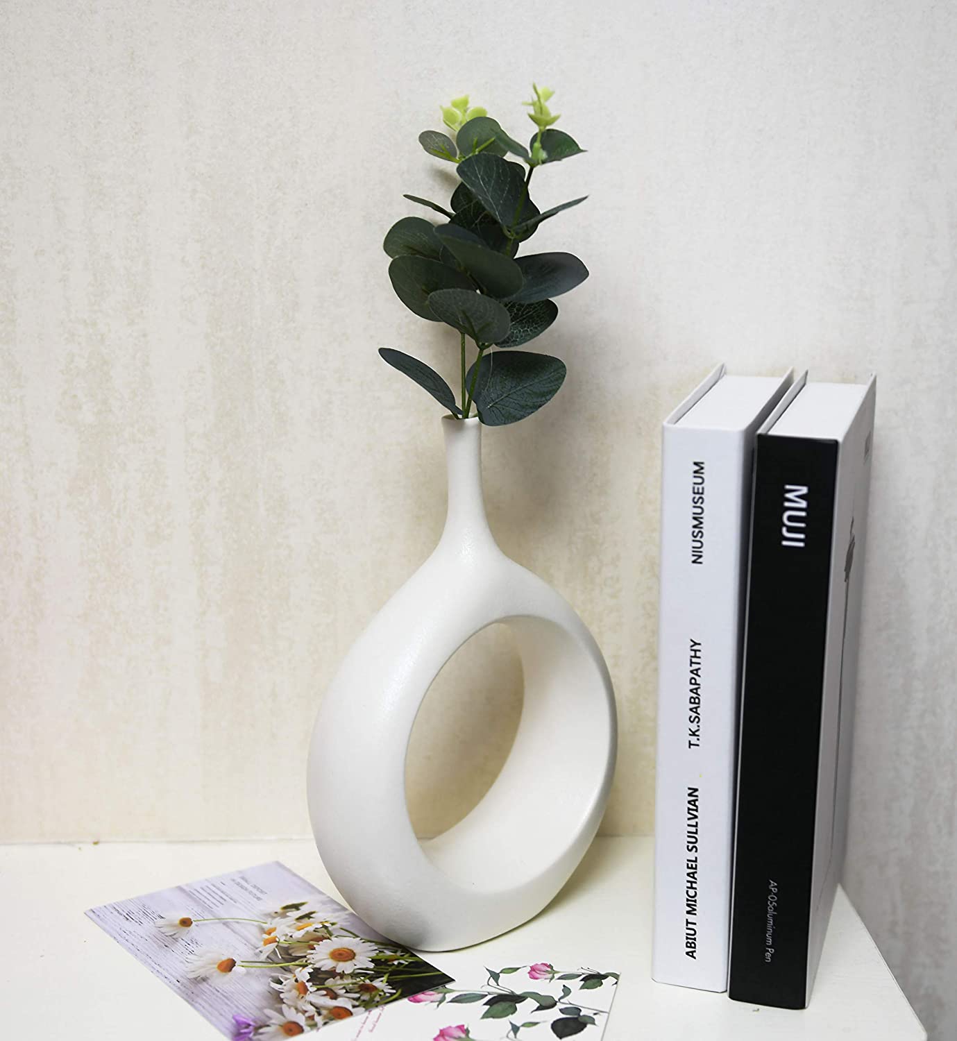 Samawi Modern Ceramic Vase for Decor Ceramic Vase Circle Donut Oval Vase Tall White Vase Hollow Vase Decorative vase for Table Kitchen Home