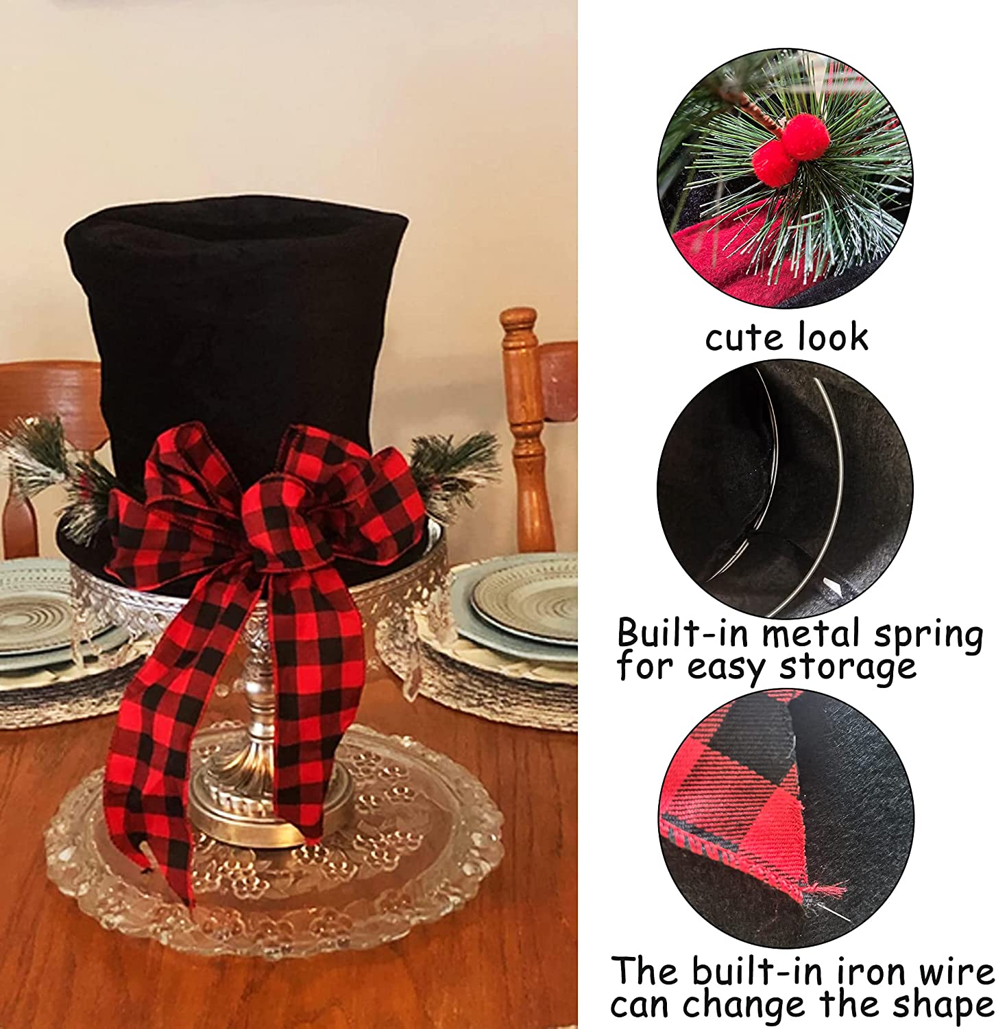 UMARDOO Christmas Tree Topper Hat, Red Plaid Bow Christmas Tree Topper, Black Velvet Hat for Christmas Tree Decorations Desktop Ornaments Party Decoration Supplies