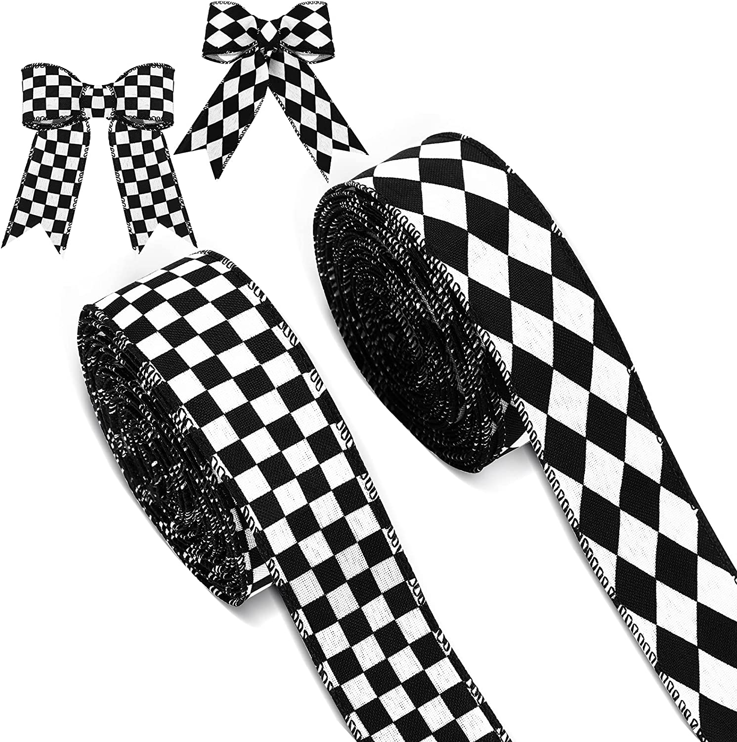 2 Rolls/ 20 Yards Black and White Checkered Ribbons Buffalo Plaid Wired Edge Ribbon Diamond Check Gingham Wrapping Ribbon for Christmas Tree DIY Hair Bow Wreath Decors Crafts, 2 Styles (1.5 Inch Wide)