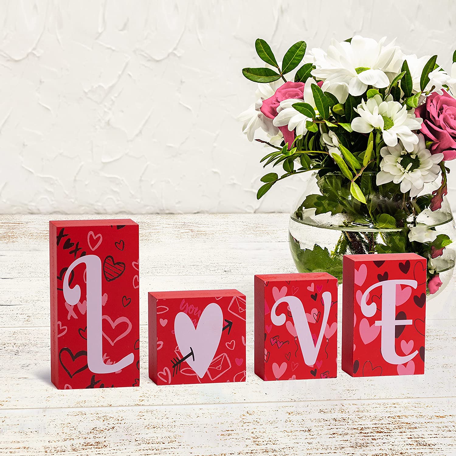 JOYIN Valentines Day Table Decoration LOVE Wooden Blocks Love Signs, Home Decoration LOVE Letter Signs, Freestanding Table Sign Home Accent for Girlfriend Wife Party Wedding Birthday Graduation Decor (Red)