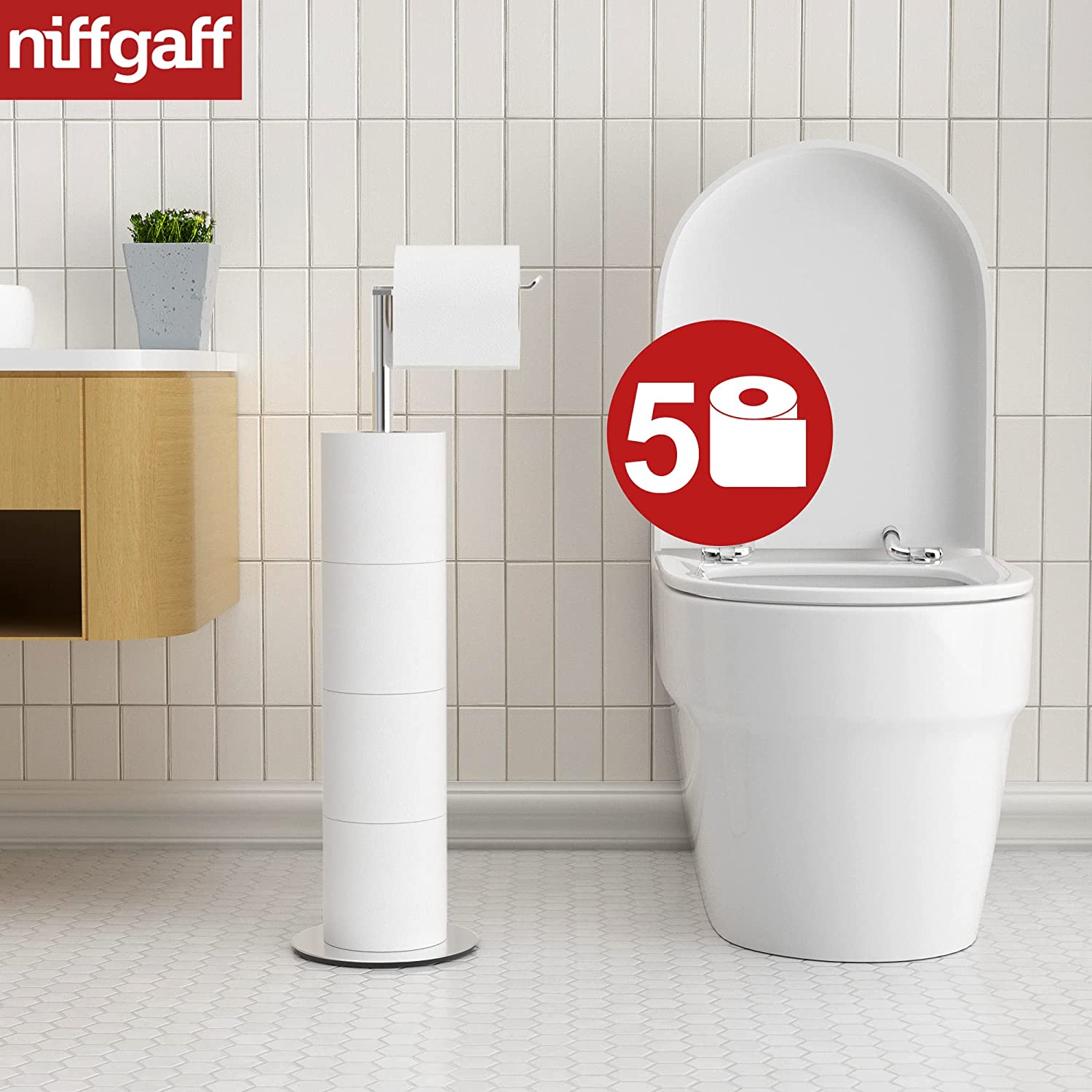 NIFFGAFF Toilet Paper Holder Stand and Dispenser for 4 Spare Rolls,Toilet Paper Storage,Stainless Steel Free-Standing Toilet Tissue Paper Roll Storage Shelf,Bathroom Accessories