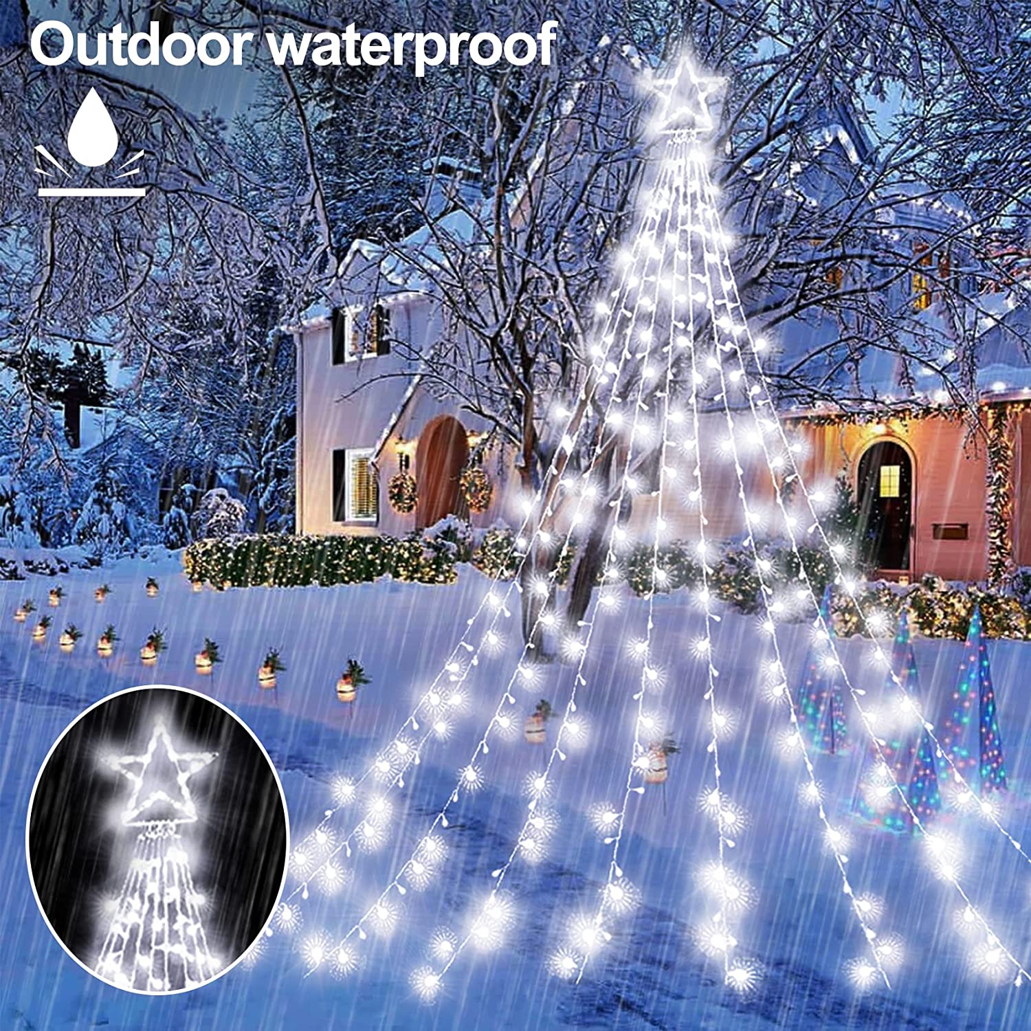 Outdoor Christmas Decorations Star Light,11.8 ft 344 LED Waterfall Tree Lights with Topper Star String Lights Plug in ,8 Lighting Mode Christmas Star Lights for Party Home Holiday Decor(Cool White)