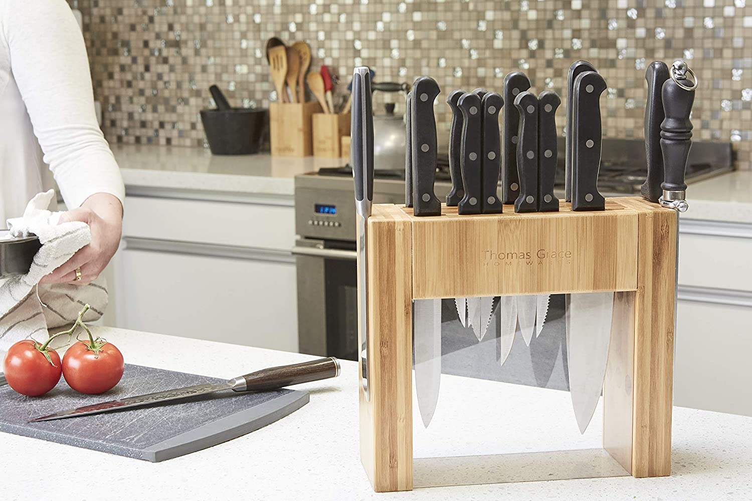 11 Slot Bamboo Knife Block w/ Magnetic Sides - Thomas Grace Homewares Kitchen Universal Knife Holder Organizer (KNIFE BLOCK WITHOUT KNIVES). Magnetic Knife Block Strip Boosts Storage to 15 Knives