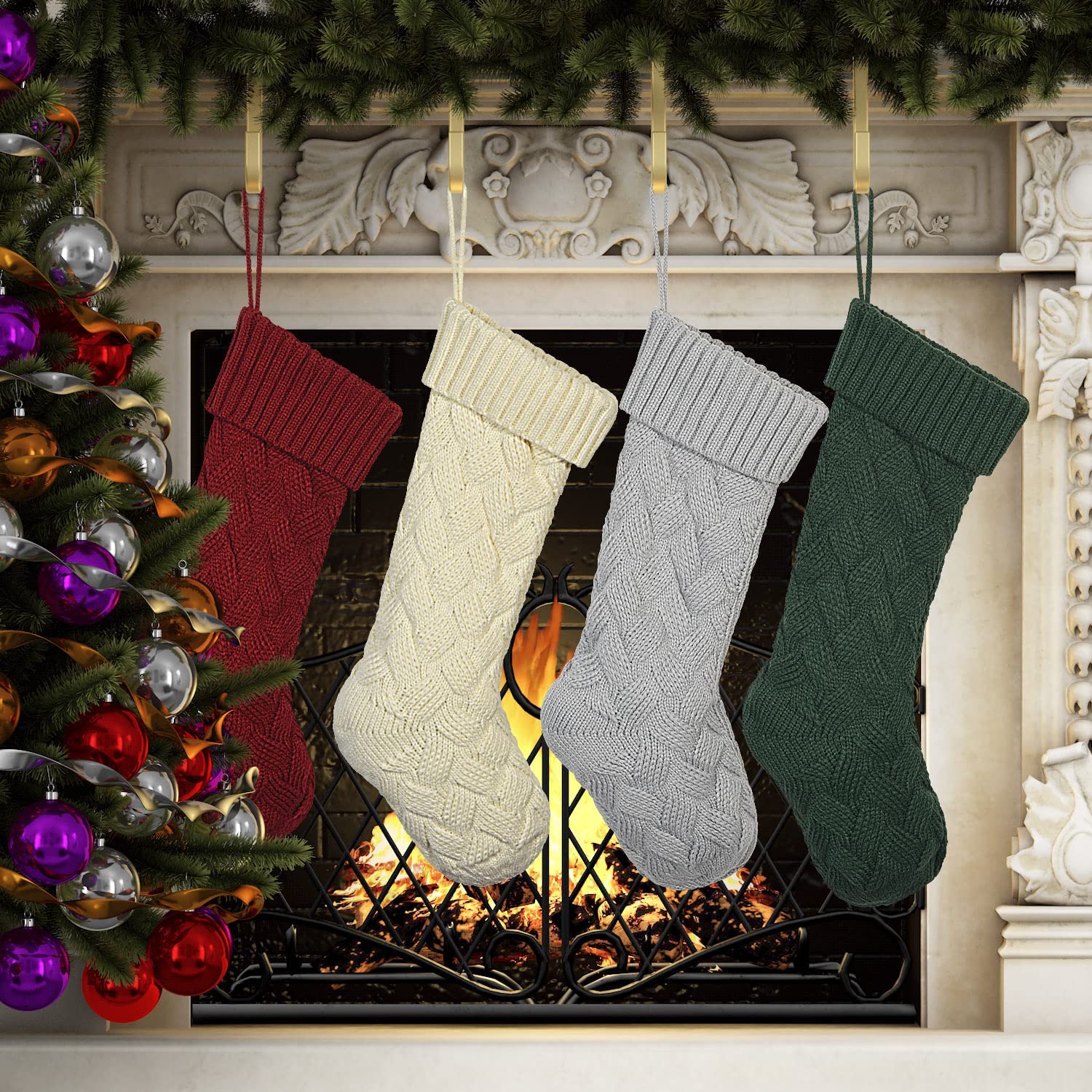 ROSFORU Knit Christmas Stockings, 4 Pack Large Size Candy Gift Bag Personalized Decoration Weave Xmas Socks, Classic Style?Ivory White, Green, Gray, Burgundy?