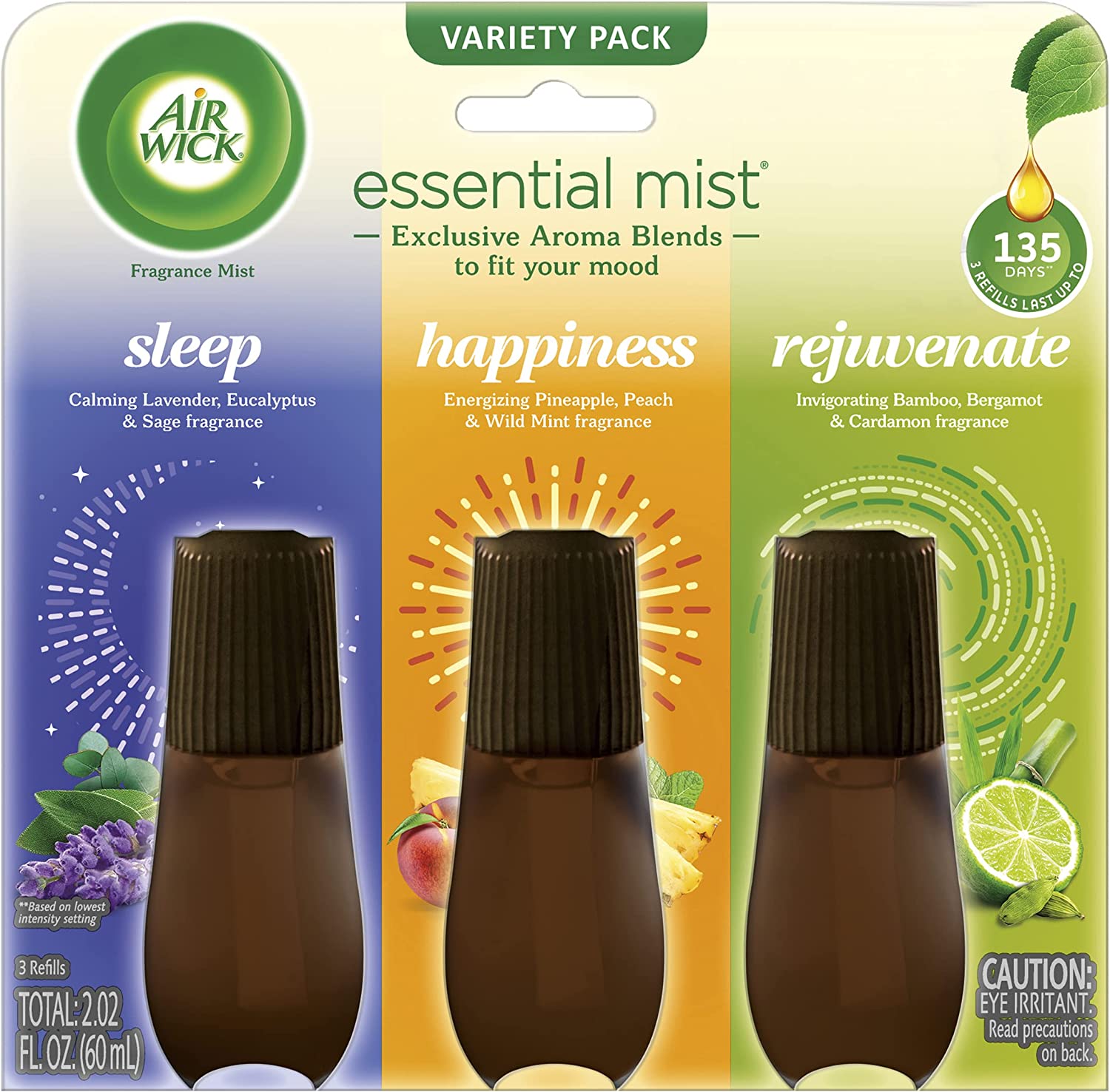 Air Wick Essential Mist Refill, 3 ct Multipack, Sleep, Happiness, Rejuvenate, Essential Oils Diffuser, Air Freshener