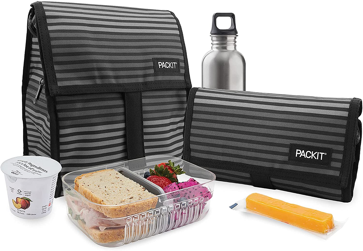 PackIt Freezable Lunch Bag with Zip Closure, Gray Stripe