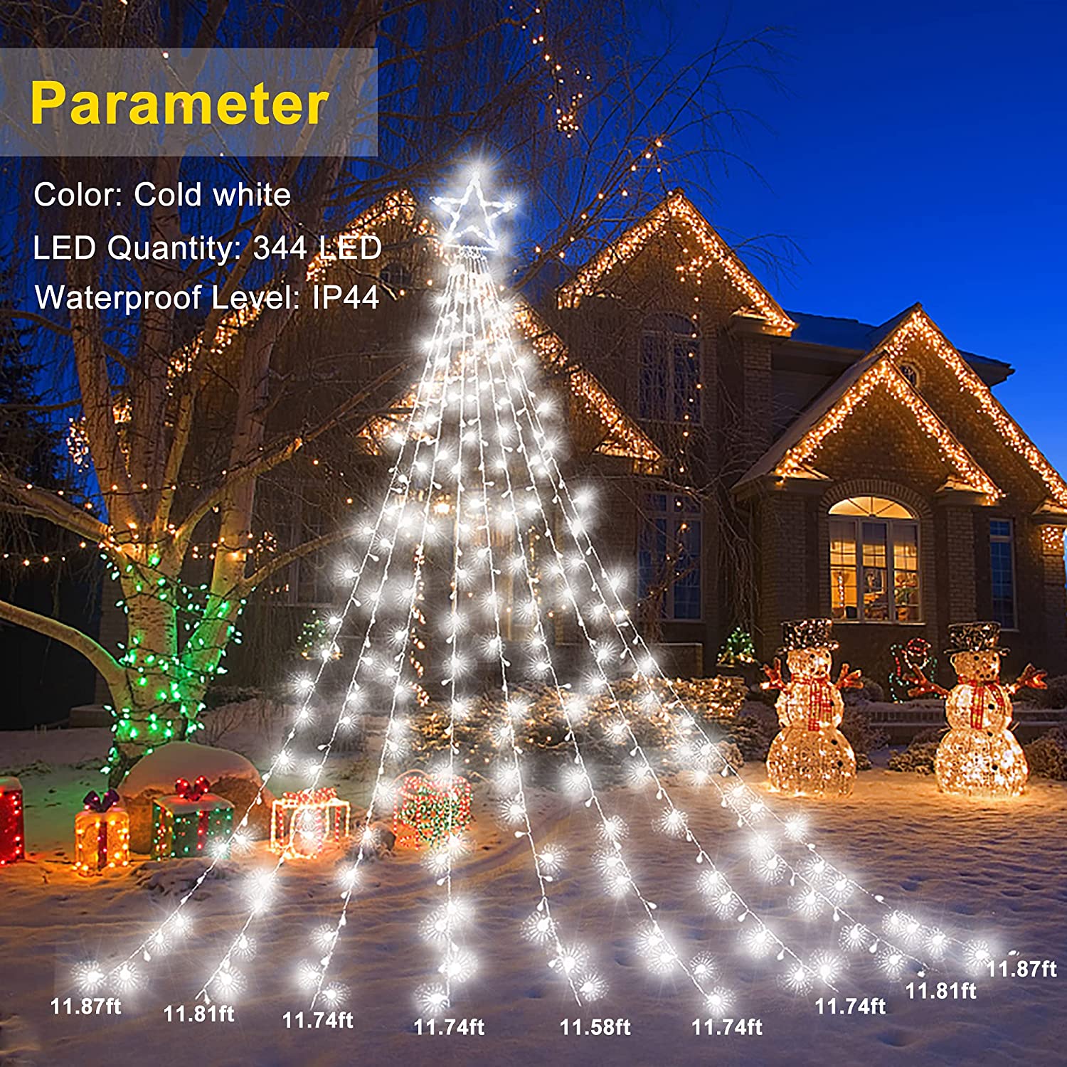 Outdoor Christmas Decorations Star Light,11.8 ft 344 LED Waterfall Tree Lights with Topper Star String Lights Plug in ,8 Lighting Mode Christmas Star Lights for Party Home Holiday Decor(Cool White)