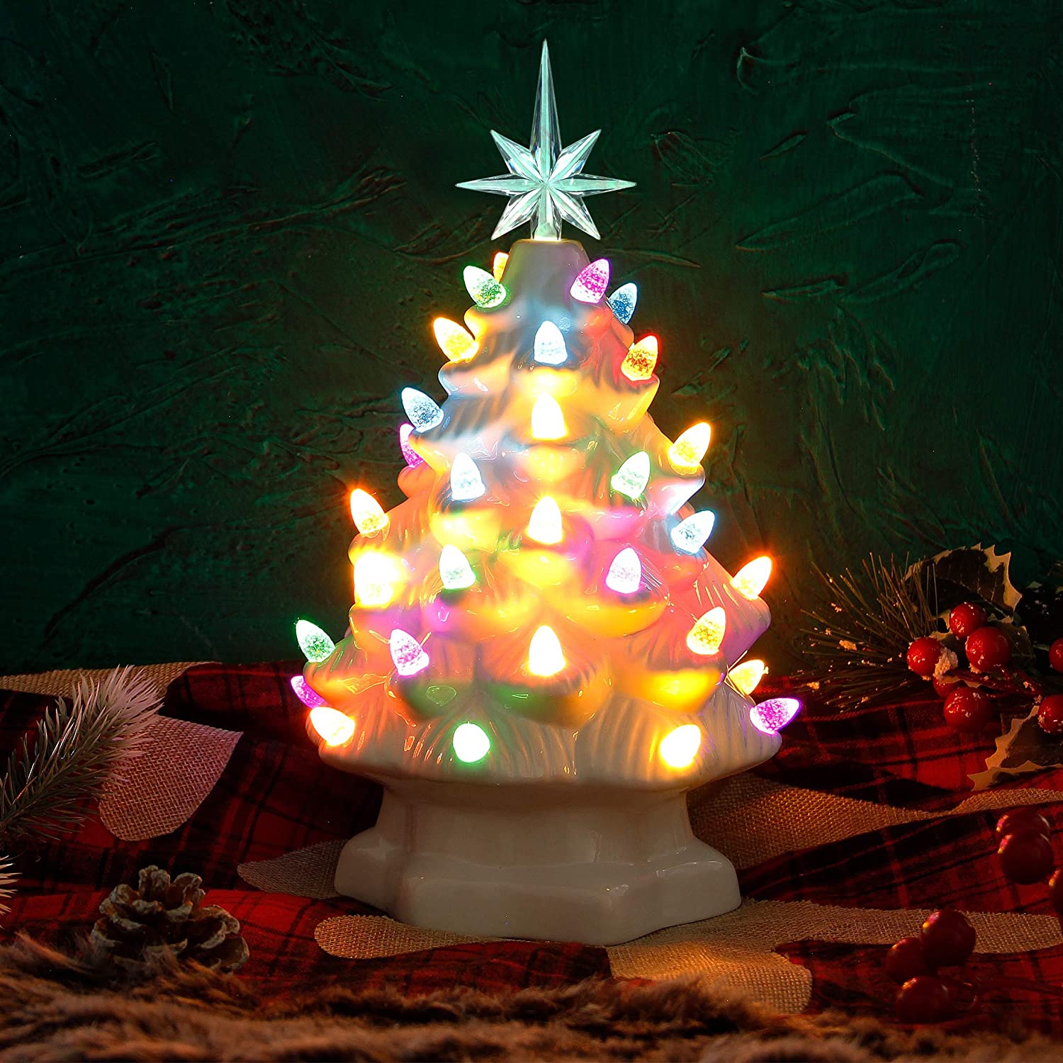 Lulu Home Ceramic Christmas Tree, 10 Inch LED Light Up Ceramic Tabletop Christmas Tree with 54 Multicolored Lights and a 7 Point Star Topper, White Mini Vintage Lighted Ceramic Tree for Tabletop