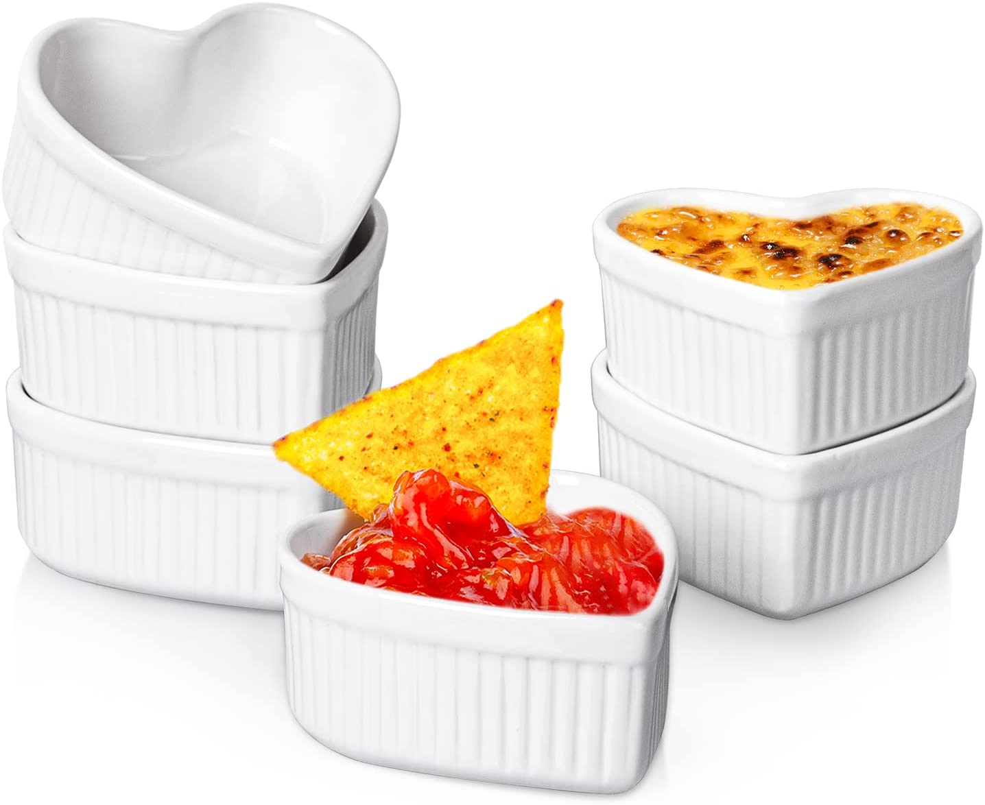 Delling Creme Brulee Ramekins 6 Oz Oven Safe- Porcelain Creme Brulee Set -Heart Shaped Ramekins for Souffle Baking Dish, Dessert/Dipping Bowls for Pudding, Valentines Day Gifts- Set of 6, White