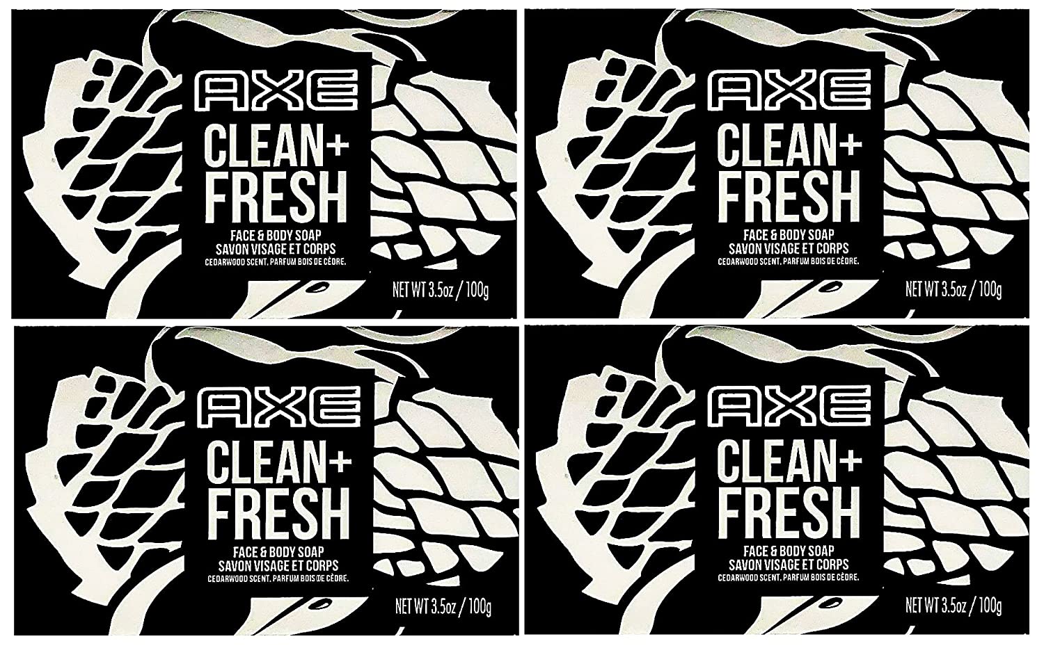 Axe Bar Soap for Men, Clean + Fresh 3.7 oz (100g) - 4 Pack