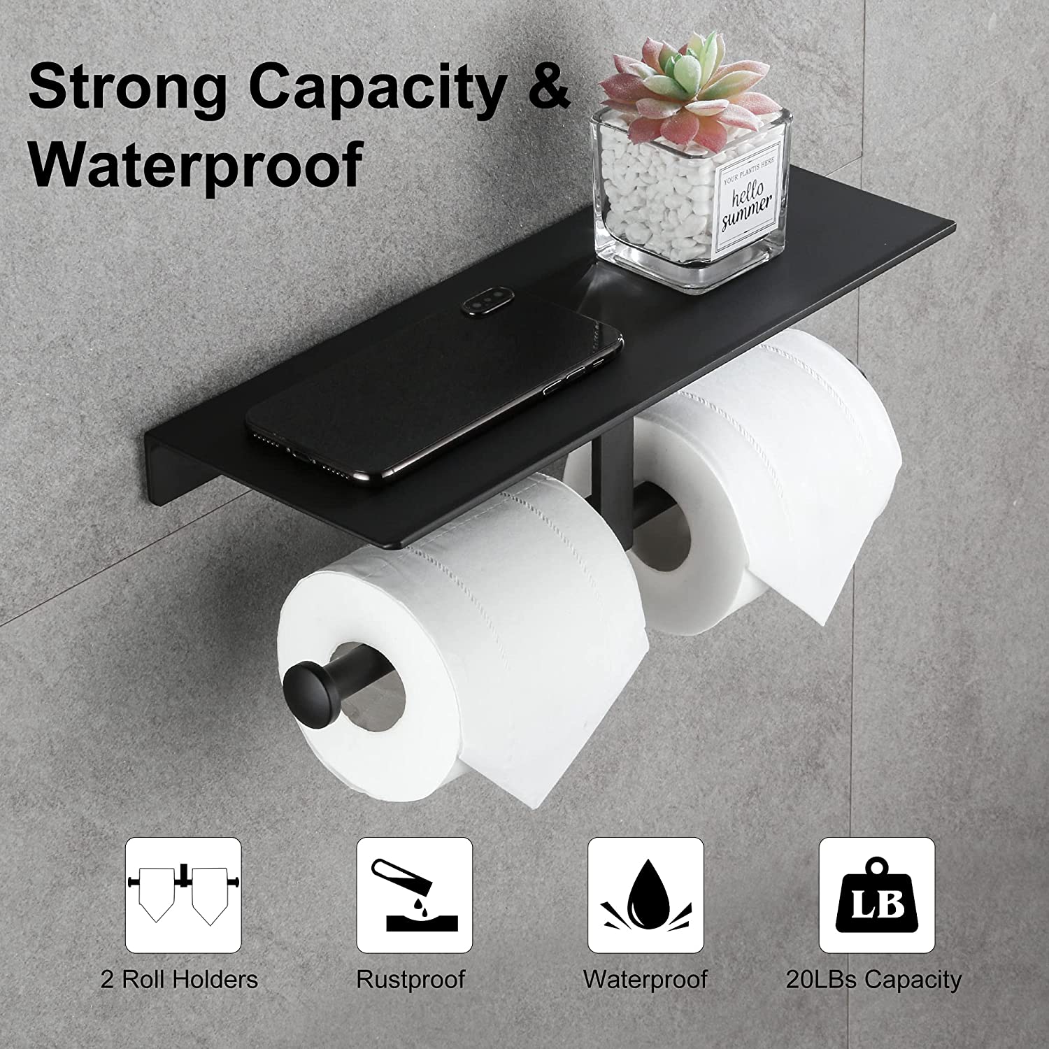 DUFU Toilet Paper Holder with Shelf,Anti-Rust Aluminum Double Roll Toilet Paper Holder with Mobile Phone Shelf for Bathroom,Self-Adhesive No Drill or Wall-Mounted with Screws for Bathroom (Matt Black)