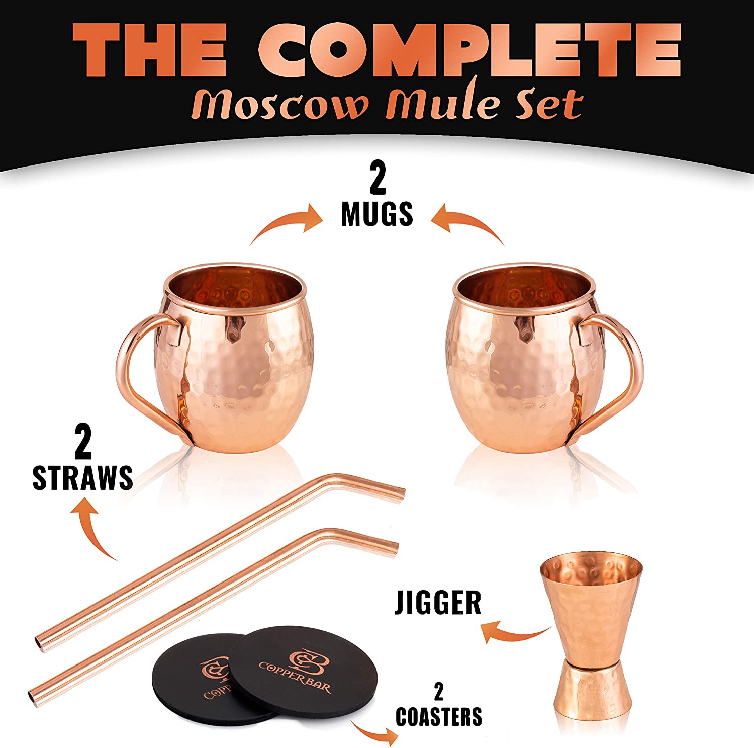 Moscow Mule Copper Mugs - Set of 2 - 100% HANDCRAFTED Pure Solid Copper Mugs - 16 oz Gift Set with Cocktail Copper Straws, Jigger & 2 Coasters by Copper-Bar