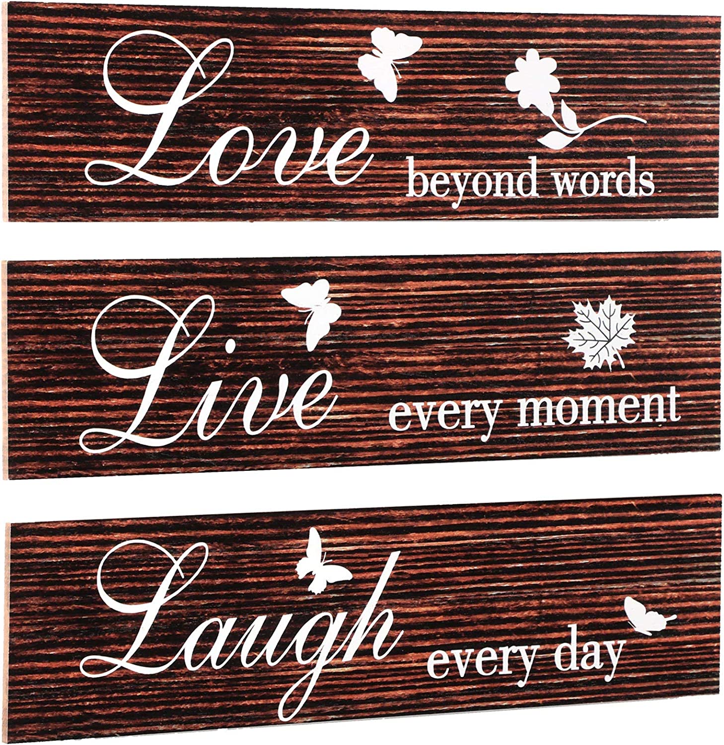 3 Pieces Rustic Wood Sign Wall Decor Live Love and Laugh Quote Sign Farmhouse Wall Mount Decoration for Home Office Wedding Kitchen and Living Room, 12 x 3 x 0.2 Inch (Brown)