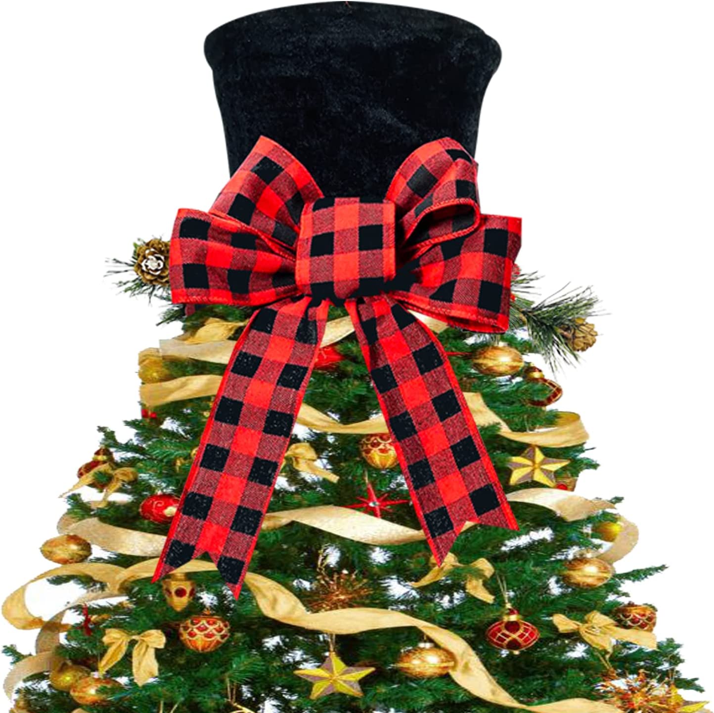 UMARDOO Christmas Tree Topper Hat, Red Plaid Bow Christmas Tree Topper, Black Velvet Hat for Christmas Tree Decorations Desktop Ornaments Party Decoration Supplies