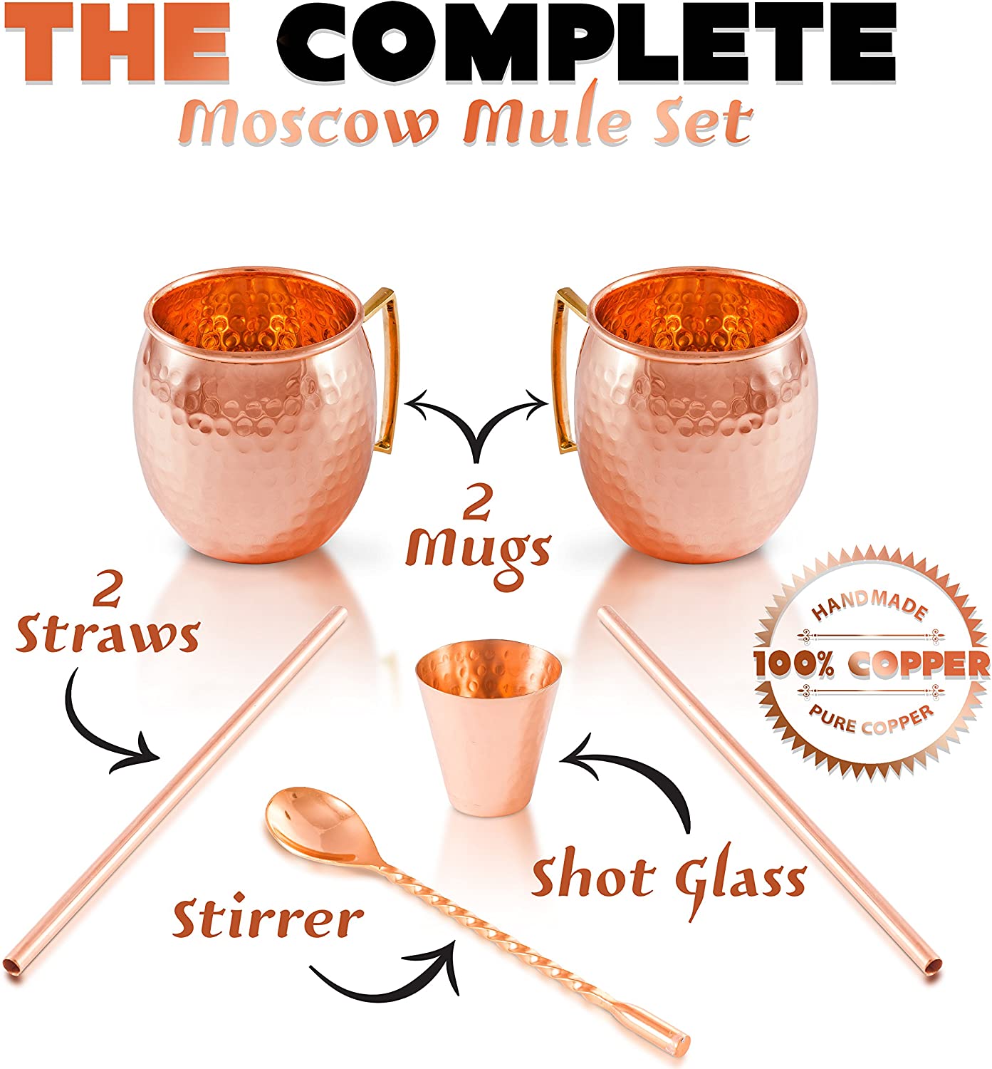 Moscow Mule Copper Mugs - Set of 2 - 100% HANDCRAFTED Pure Solid Copper Mugs - 16 Oz, Gift Set With Cocktail Copper Straws, Copper Shot Glass & Copper Stirrer by Copper-Bar