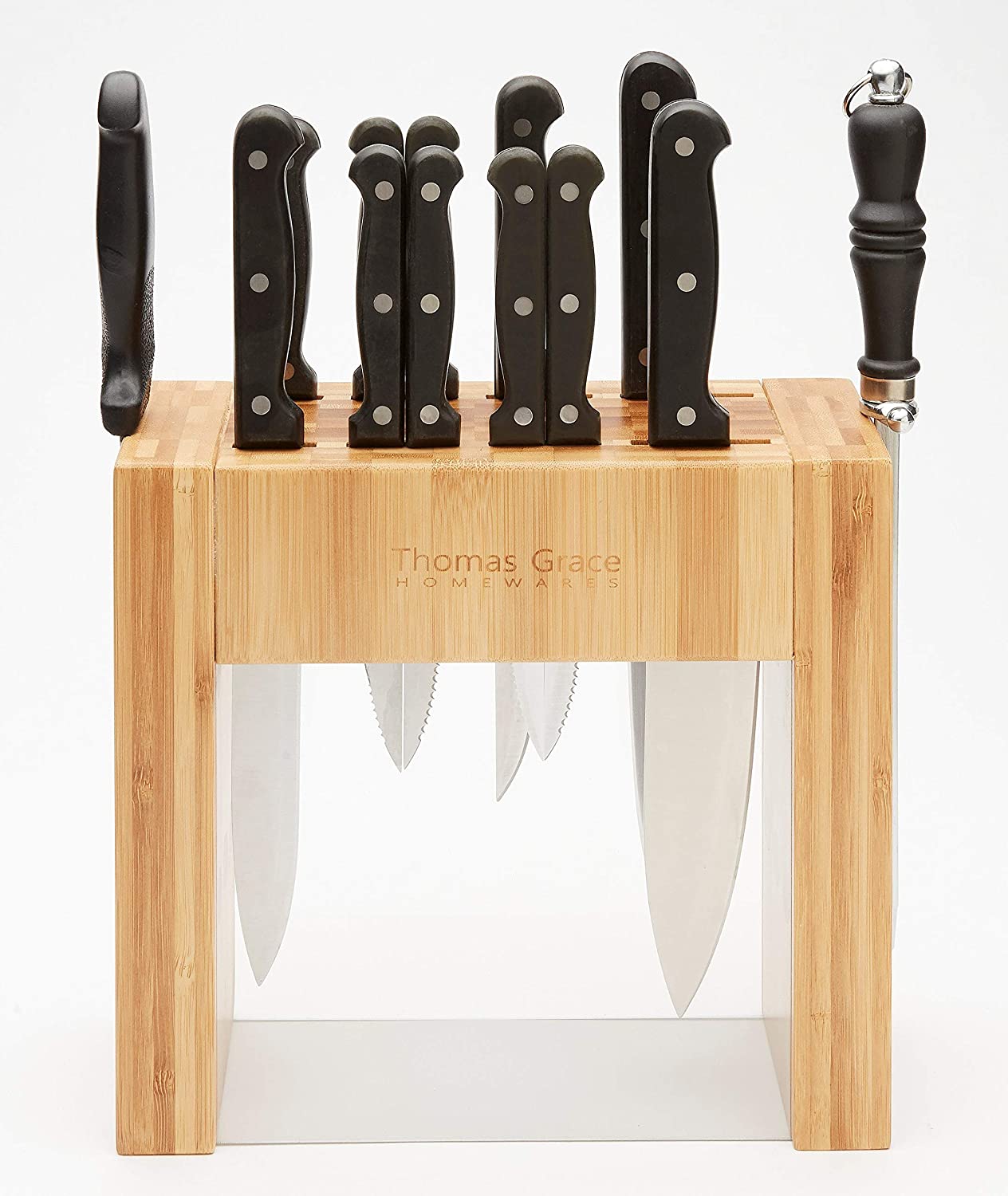 11 Slot Bamboo Knife Block w/ Magnetic Sides - Thomas Grace Homewares Kitchen Universal Knife Holder Organizer (KNIFE BLOCK WITHOUT KNIVES). Magnetic Knife Block Strip Boosts Storage to 15 Knives