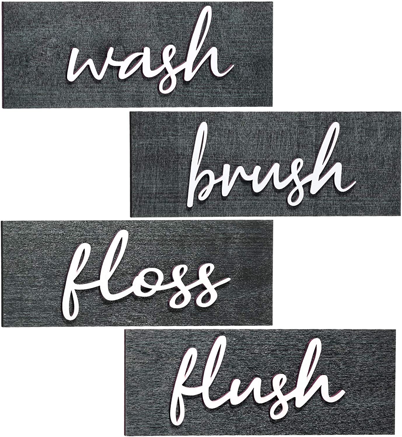 Jetec 4 Pieces Farmhouse Bathroom Wall Decors Wash Brush Floss Flush Signs Rustic Hanging Wooden Signs Primitive Bathroom Wall Arts Vintage Wooden Decorations for Home Laundry Room Bathroom (Gray)