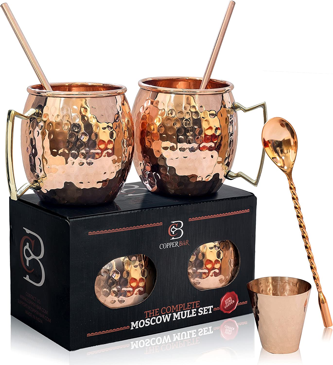 Moscow Mule Copper Mugs - Set of 2 - 100% HANDCRAFTED Pure Solid Copper Mugs - 16 Oz, Gift Set With Cocktail Copper Straws, Copper Shot Glass & Copper Stirrer by Copper-Bar